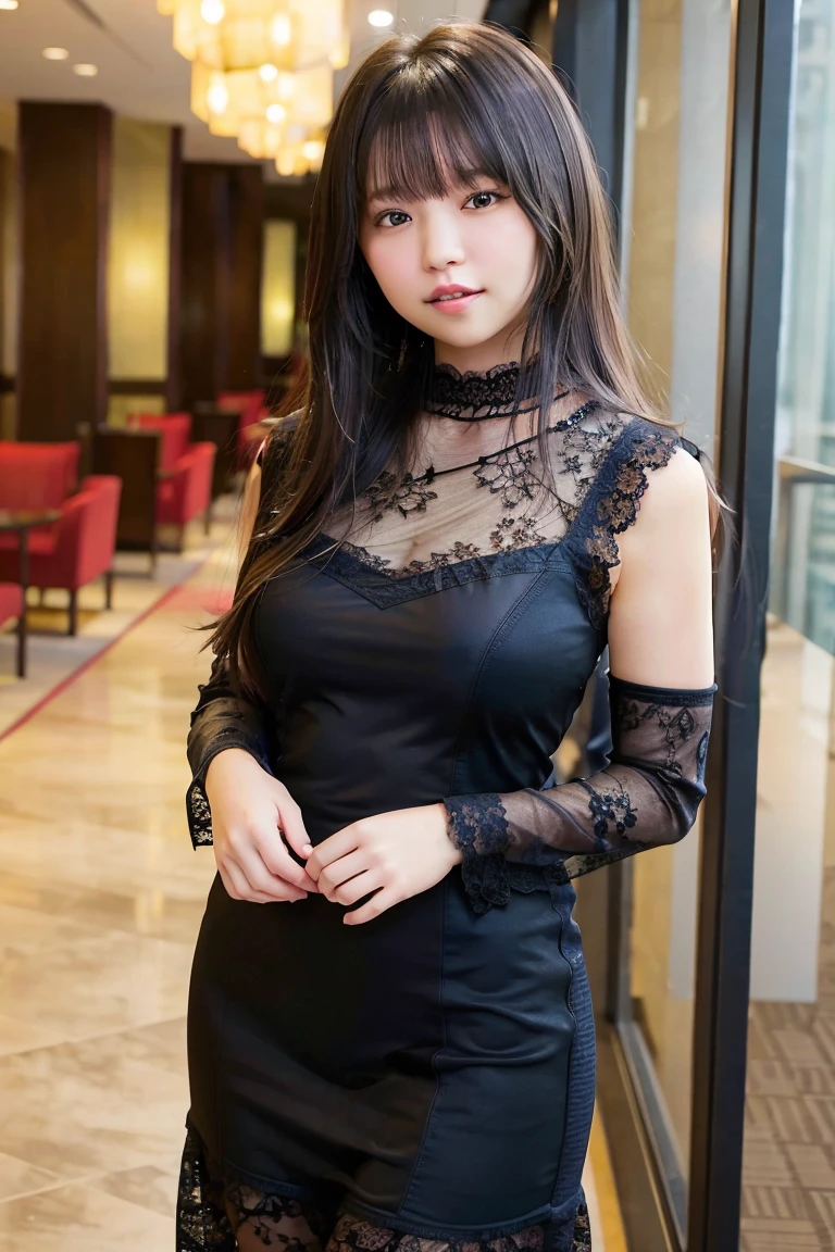 masterpiece, Highest quality,16k, Ultra-high resolution,The light and shadow of reality,Cinema Lenses,(Very skinny),(Very firm and beautiful breasts),((Her waist is slim and beautiful)),((Very small and firm beautiful ass)),((She has outstanding style)),(Pure white beautiful skin),(Pure white teeth)),((Large, clear, beautiful eyes)),((Her face is very small)),((Cute Japanese Girls)),((She is wearing a black lace miniskirt dress.)),((Sitting on a bench in a stylish cafe)),(Sexy pose),(Beautiful Eyes:1.1),Reflecting clear eyes and a gentle smile,