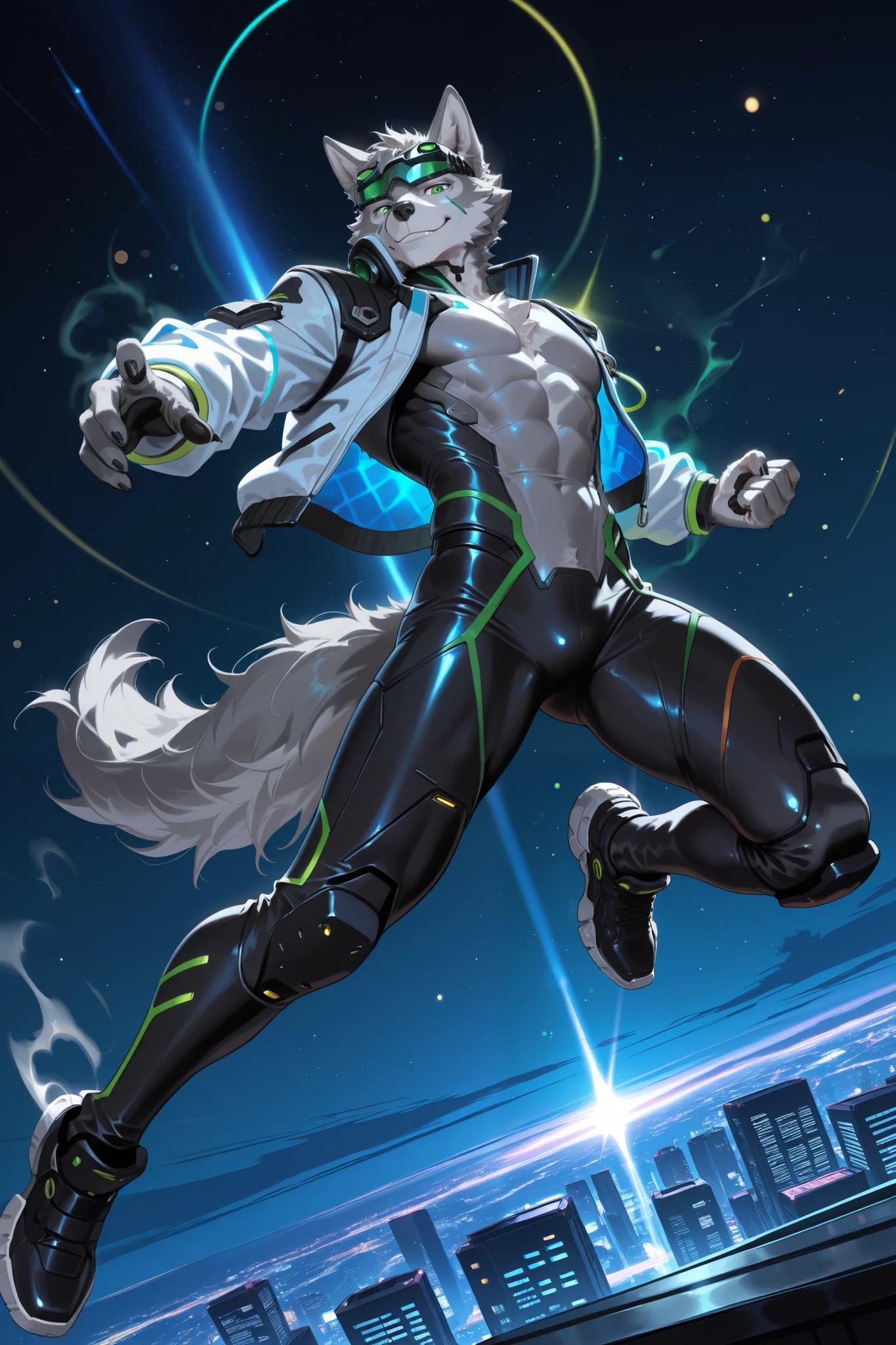 masterpiece,best quality,ultra-detailed,huge filesize,score_9,score_8_up,score_7_up,score_6_up BREAK high saturation,high contrast,very awa,masterpiece,best quality,year 2024,newest,highres,absurdres,(ask\(askzy\):0.6),(ciloranko:0.3),exquisite background
(dramatic lighting:1.3),rim lighting,volumetric lighting,(light rays:1.2),
(steam:1.2),lens flare,light particles,ambient occlusion,
cyberpunk,
solo, anthro, furry, wolf, (grey fur:1.2), white fur on chest and belly, green eyes, (tall and thin:1.3), slight muscles, no hair, , boy, high school student, confident smile,
black bodysuit, white jacket, goggles,
flying, dynamic pose, arms spread,
night sky, flying above city, cyberpunk city, neon lights, skyscrapers,
dutch angle, looking at viewer, bokeh