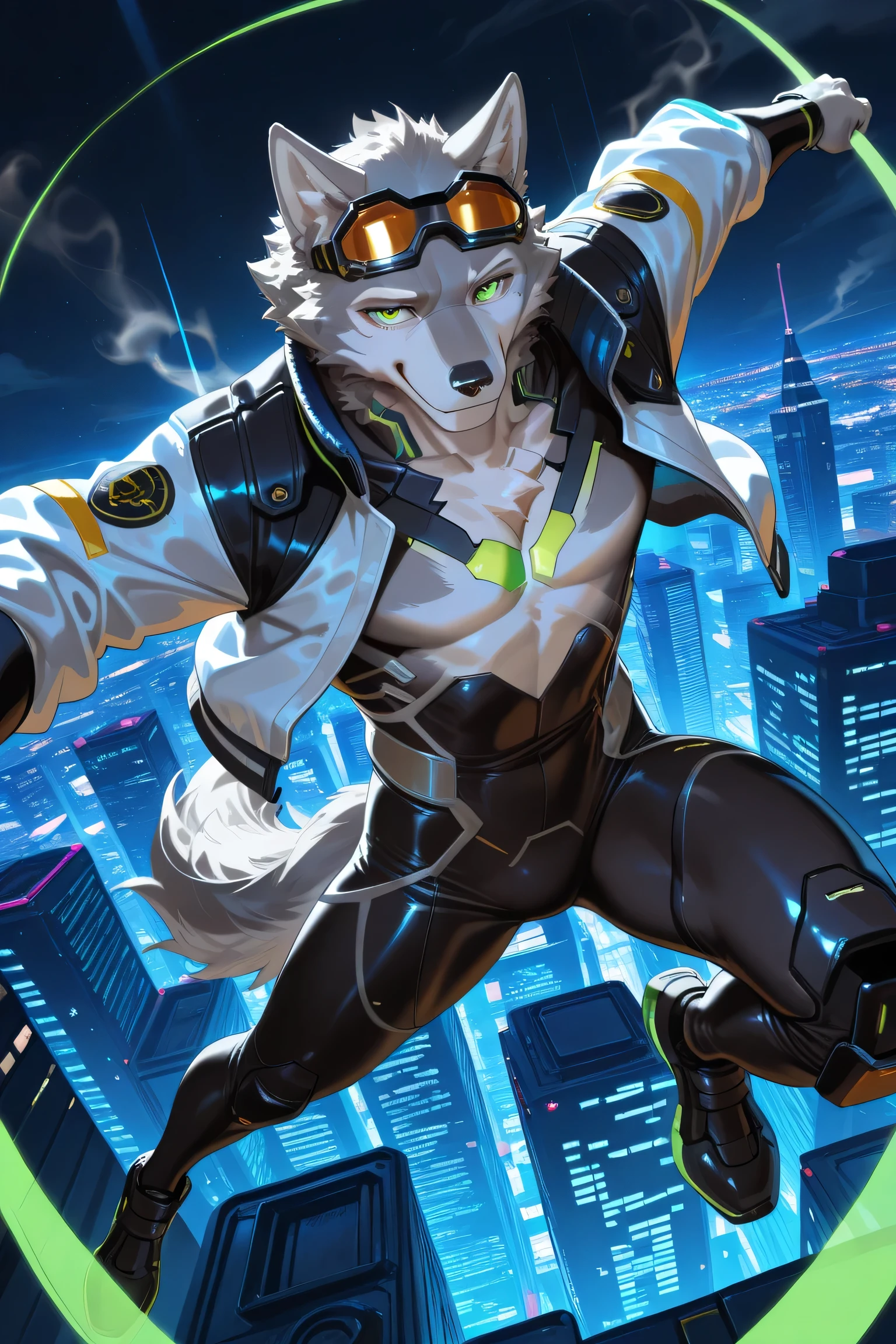masterpiece,best quality,ultra-detailed,huge filesize,score_9,score_8_up,score_7_up,score_6_up BREAK high saturation,high contrast,very awa,masterpiece,best quality,year 2024,newest,highres,absurdres,(ask\(askzy\):0.6),(ciloranko:0.3),exquisite background
(dramatic lighting:1.3),rim lighting,volumetric lighting,(light rays:1.2),
(steam:1.2),lens flare,light particles,ambient occlusion,
cyberpunk,
solo, anthro, furry, wolf, (grey fur:1.2), white fur on chest and belly, green eyes, (tall and thin:1.3), slight muscles, no hair, , boy, high school student, confident smile,
black bodysuit, white jacket, goggles,
flying, dynamic pose, arms spread,
night sky, flying above city, cyberpunk city, neon lights, skyscrapers,
dutch angle, looking at viewer, bokeh