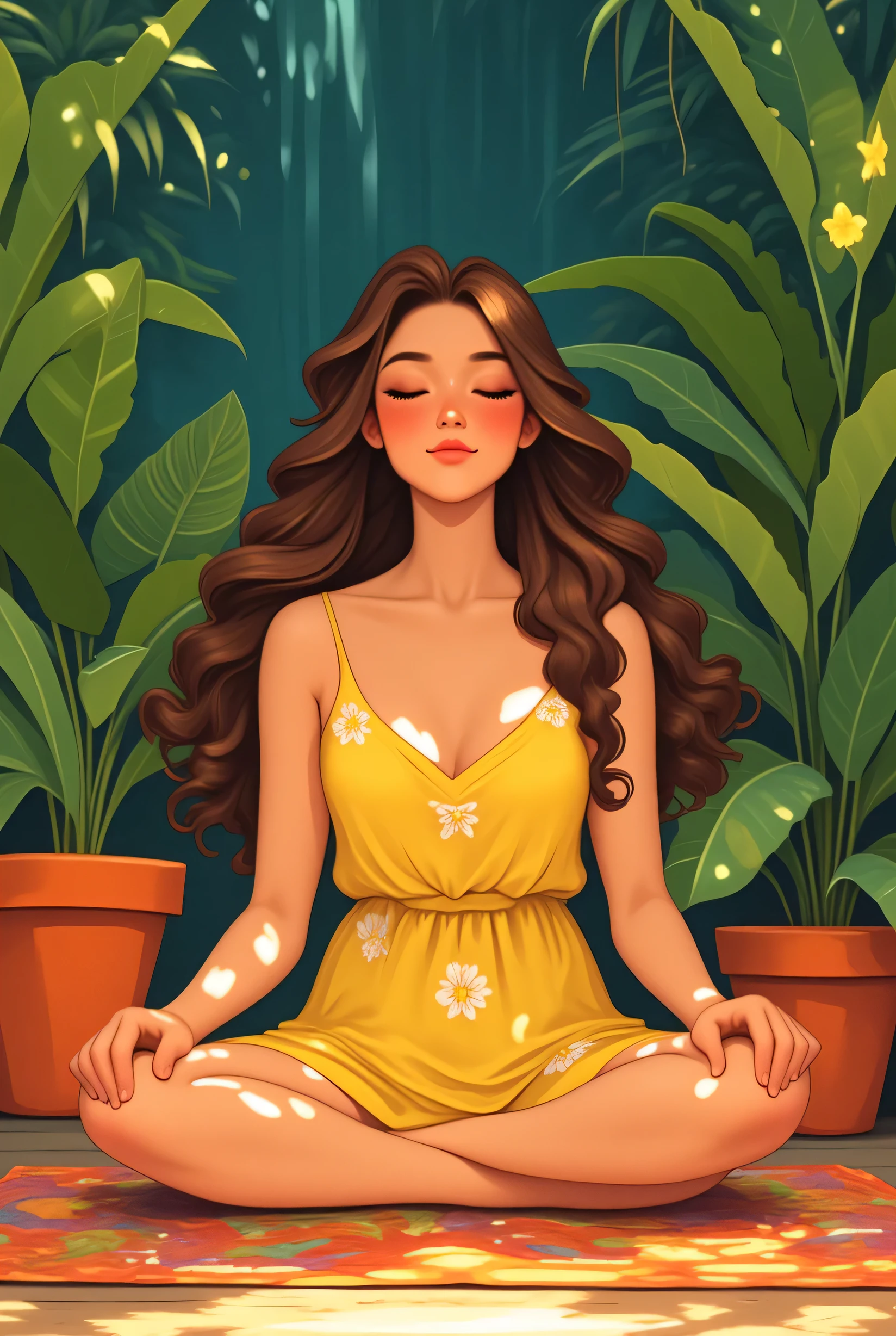 "A young woman with long, wavy brown hair sits cross-legged in a peaceful, tropical garden. She wears a flowing yellow sundress adorned with white flowers, her eyes gently closed, exuding calm and serenity. The lush greenery surrounds her, with large tropical leaves and potted plants in vibrant orange and terracotta pots. The background is a blend of deep blues and greens, creating a harmonious contrast. Sunlight filters through the foliage, casting soft shadows on the colorful patterned rug beneath her. The atmosphere is tranquil and warm, capturing a moment of relaxation and connection with nature in a vibrant, colourful, closeup, high quality, detailed, semi-realistic drawing illustration style."