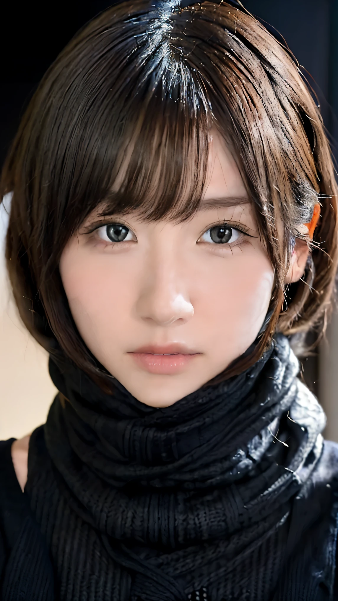1 Japanese Girl ,( black sweater that has been hit:1.4),( she wears a knitted snood around her neck to hide her chin......:1.5), ( RAW Photo , highest quality), ( by Nomi, photorealistic:1.4), Masterpiece, very delicate and beautiful , extremely detailed, 8k wallpapers, wondrous, Finely Details, highly detailed CG unity , high resolution, Soft light, Beautiful detailed 19 year old, very detailed eyes and face, beautiful detailed nose , beautiful detailed eyes, Cinematic Lighting,City lights at night, perfect anatomy, slender body, smiles ( hair is disheveled, asymmetrical bangs that grab the chest , light brown hair ,)