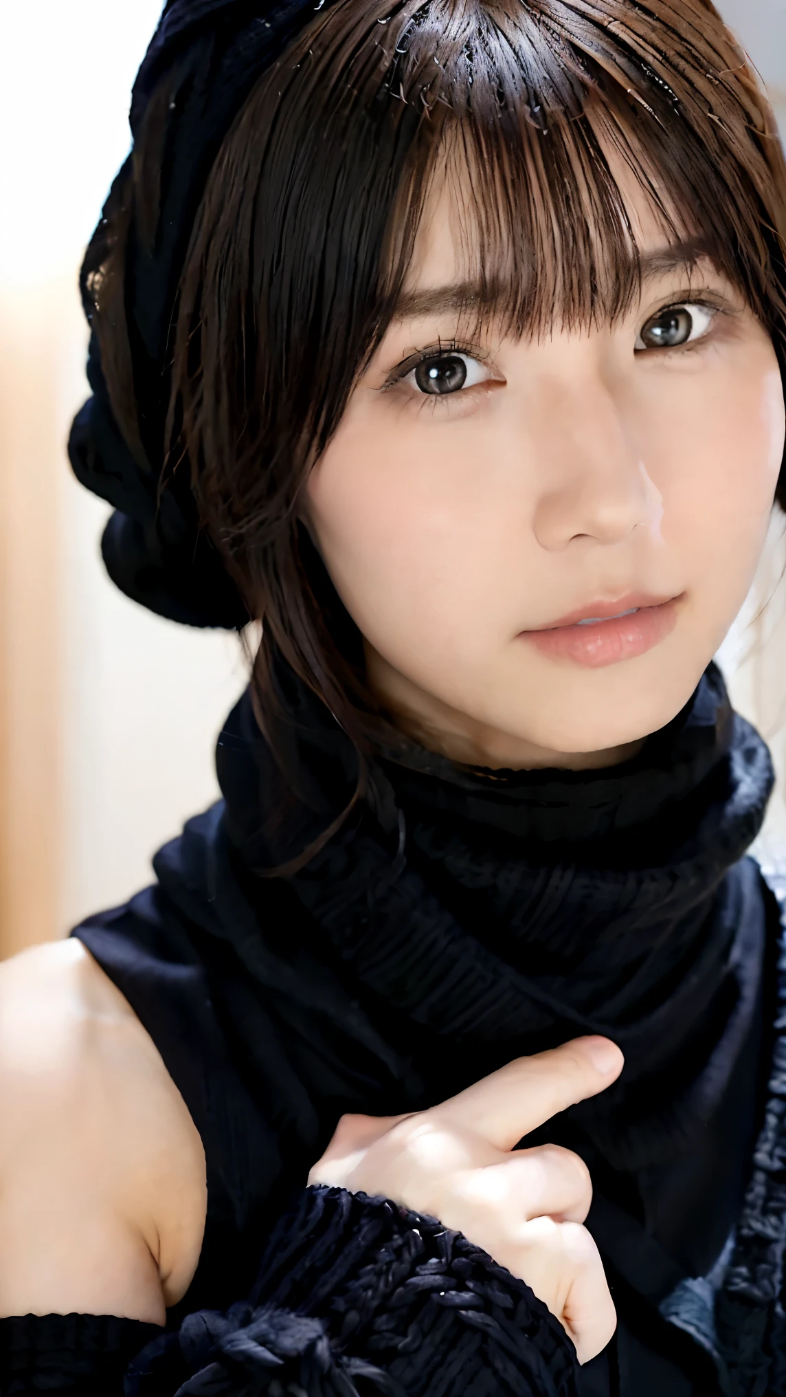 1 Japanese Girl ,( black sweater that has been hit:1.4),( she wears a knitted snood around her neck to hide her chin......:1.5), ( RAW Photo , highest quality), ( by Nomi, photorealistic:1.4), Masterpiece, very delicate and beautiful , extremely detailed, 8k wallpapers, wondrous, Finely Details, highly detailed CG unity , high resolution, Soft light, Beautiful detailed 19 year old, very detailed eyes and face, beautiful detailed nose , beautiful detailed eyes, Cinematic Lighting,City lights at night, perfect anatomy, slender body, smiles ( hair is disheveled, asymmetrical bangs that grab the chest , light brown hair ,)