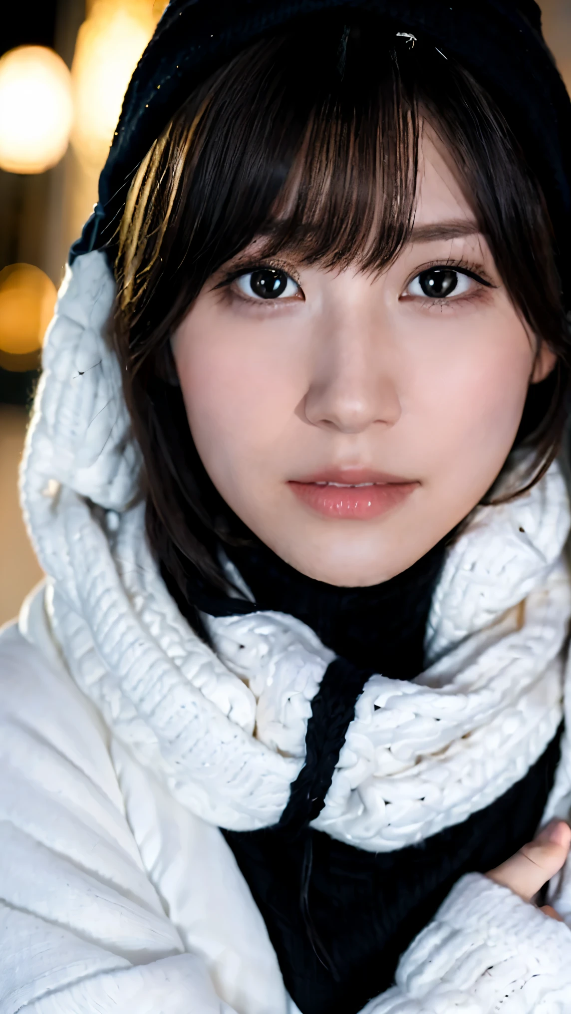 1 Japanese Girl ,( black sweater that has been hit:1.4),( she wears a knitted snood around her neck to hide her chin......:1.5), ( RAW Photo , highest quality), ( by Nomi, photorealistic under white micro:1.4), Masterpiece, very delicate and beautiful , extremely detailed, 8k wallpapers, wondrous, Finely Details, highly detailed CG unity , high resolution, Soft light, Beautiful detailed 19 year old, very detailed eyes and face, beautiful detailed nose , beautiful detailed eyes, Cinematic Lighting,City lights at night, perfect anatomy, slender body, smiles ( hair is disheveled, asymmetrical bangs that grab the chest , light brown hair ,)