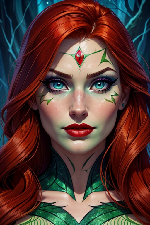 Movie scene, Poison Ivy from DC close-up shot, distorted space, distorted undead in the background, lens flares, light shafts, intricate details, high detailed, volumetric lighting, 4k rendering, stock photo, hyperrealistic, realistic textures, dramatic lighting, Unreal Engine