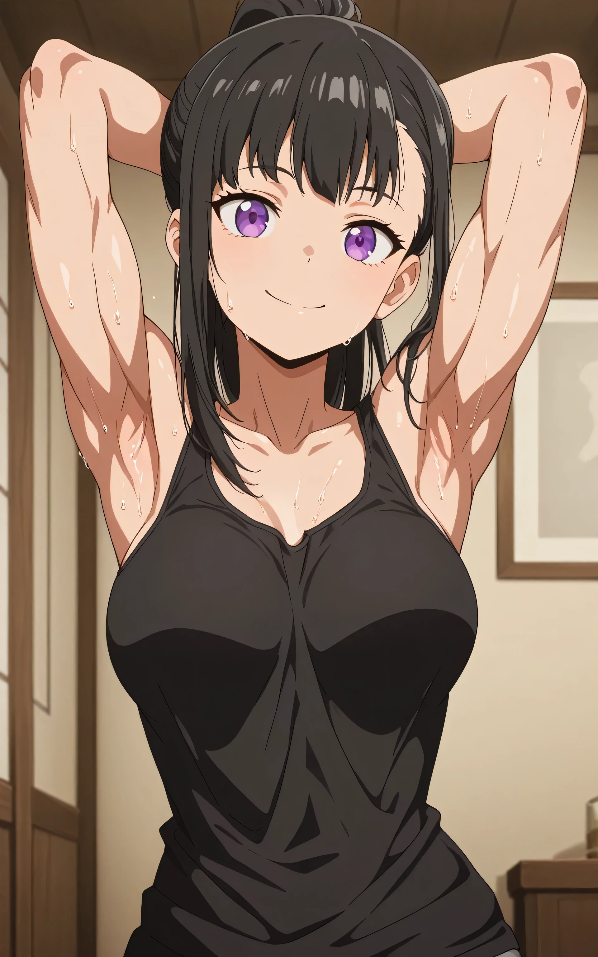 masterpiece, best quality, amazing quality, anime screencap, 1girl, solo, m4ki 0ze, muscular female, long hair, black hair, ponytail, purple eyes, black tank top, sleeveless, bare shoulders, bare arms, arms behind head, armpits, head towards viewer, looking at viewer, smile, closed mouth, indoors, anime coloring, medium breasts, sweaty