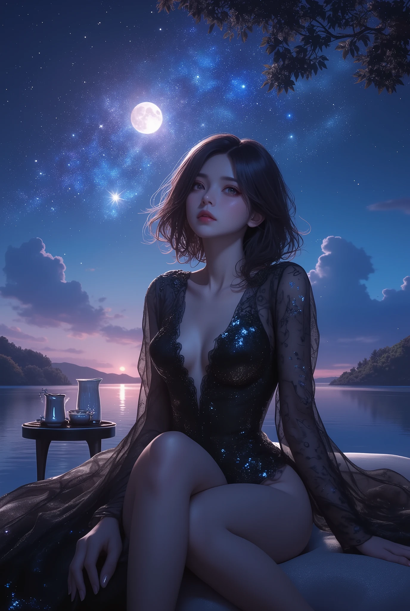 Final Fantasy Style , Takahashi Kazunari's masterpiece, , ((Moonlit Tea Ceremony:1.8)), depiction of a face expressed in great detail, Detailed Eyes 、Detailed faces、Hair drawn down to the smallest detail 、Solo sexy girl , beautiful , 32K, enchantment, masterpiece, top quality, , , , (( uplifted big breasts, deep cleavage )),Sparkling Skin、sitting beside a small round table, (wearing black transparent アオザイ, ), Silence, Silence, Serenity、 lakeside,(Uplifted and well defined breasts,:1.7),((:1.9)) , ((:1.7)), ((:1.7)), ,、(( full moon))、 Milky Way、 starry sky