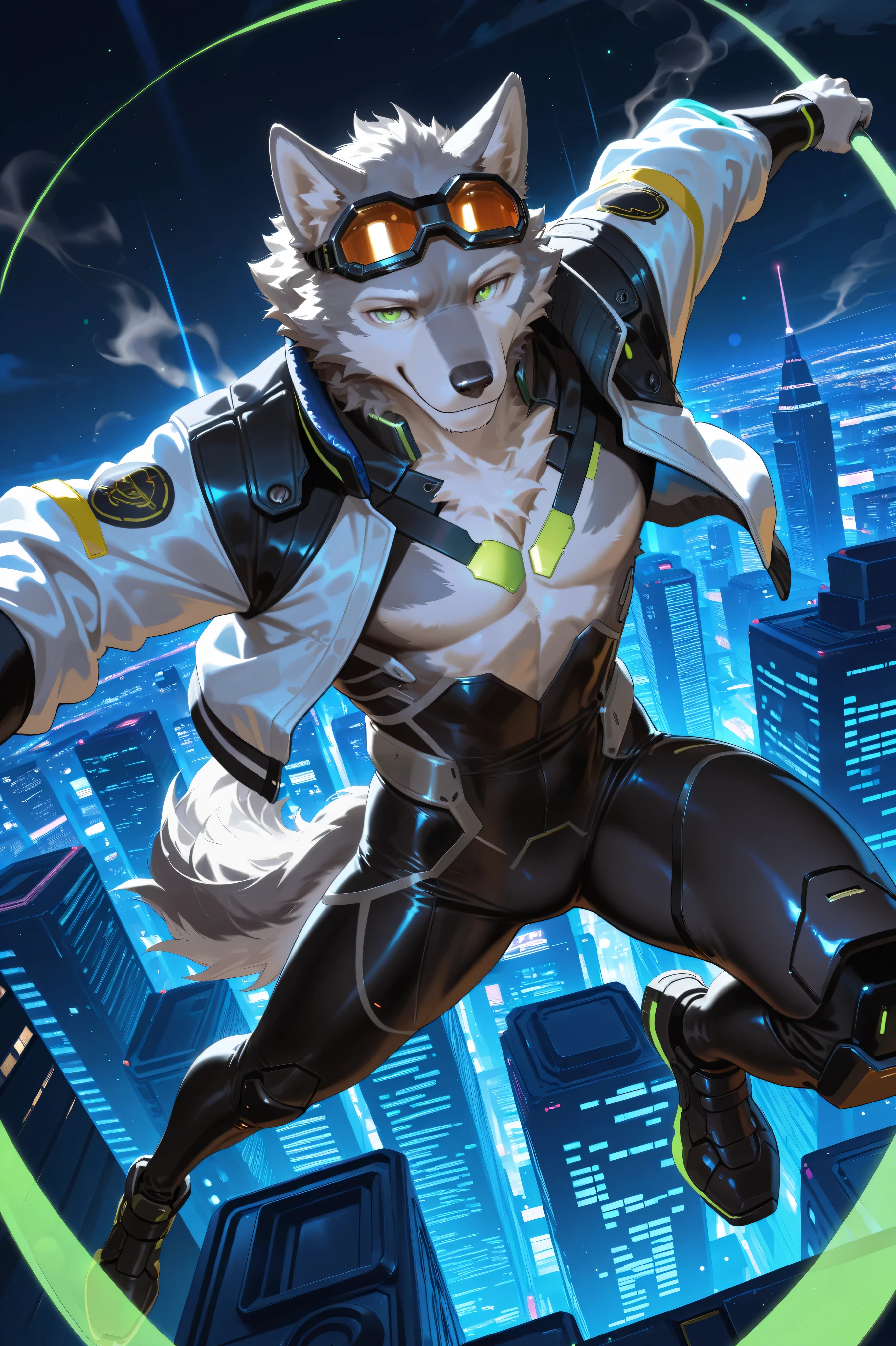 masterpiece,best quality,ultra-detailed,huge filesize,score_9,score_8_up,score_7_up,score_6_up BREAK high saturation,high contrast,very awa,masterpiece,best quality,year 2024,newest,highres,absurdres,(ask\(askzy\):0.6),(ciloranko:0.3),exquisite background
(dramatic lighting:1.3),rim lighting,volumetric lighting,(light rays:1.2),
(steam:1.2),lens flare,light particles,ambient occlusion,
cyberpunk,
solo, anthro, furry, wolf, (grey fur:1.2), white fur on chest and belly, green eyes, (tall and thin:1.3), slight muscles, no hair, , boy, high school student, confident smile,
black bodysuit, white jacket, goggles,
flying, dynamic pose, arms spread,
night sky, flying above city, cyberpunk city, neon lights, skyscrapers,
dutch angle, looking at viewer, bokeh