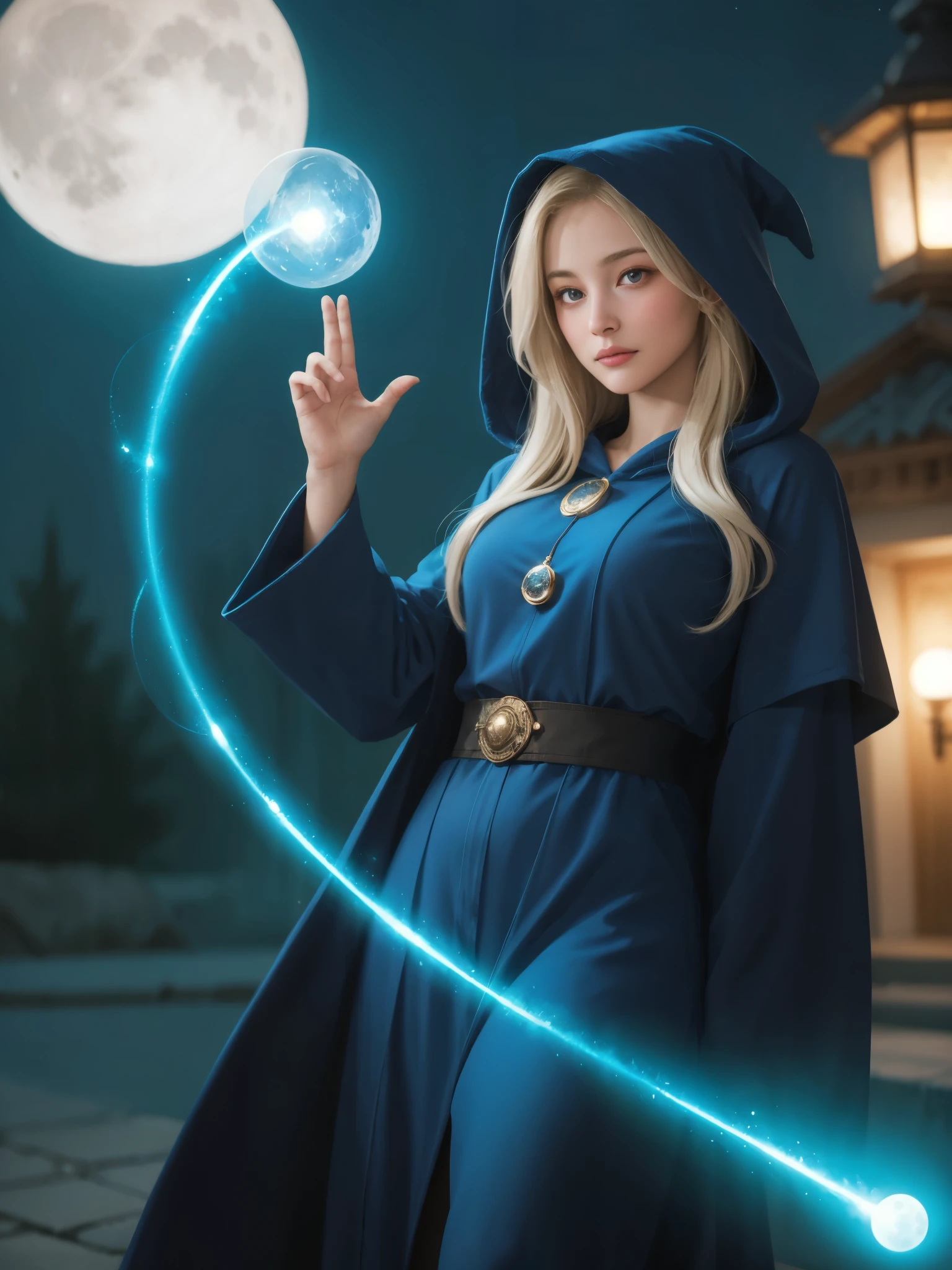 girl, casting spell, glowing spherical magic, moon, glowing, blue hooded robe, looking at viewer, blonde hair, magician, full moon, ethereal light, dingdall effect, overexposed edges,