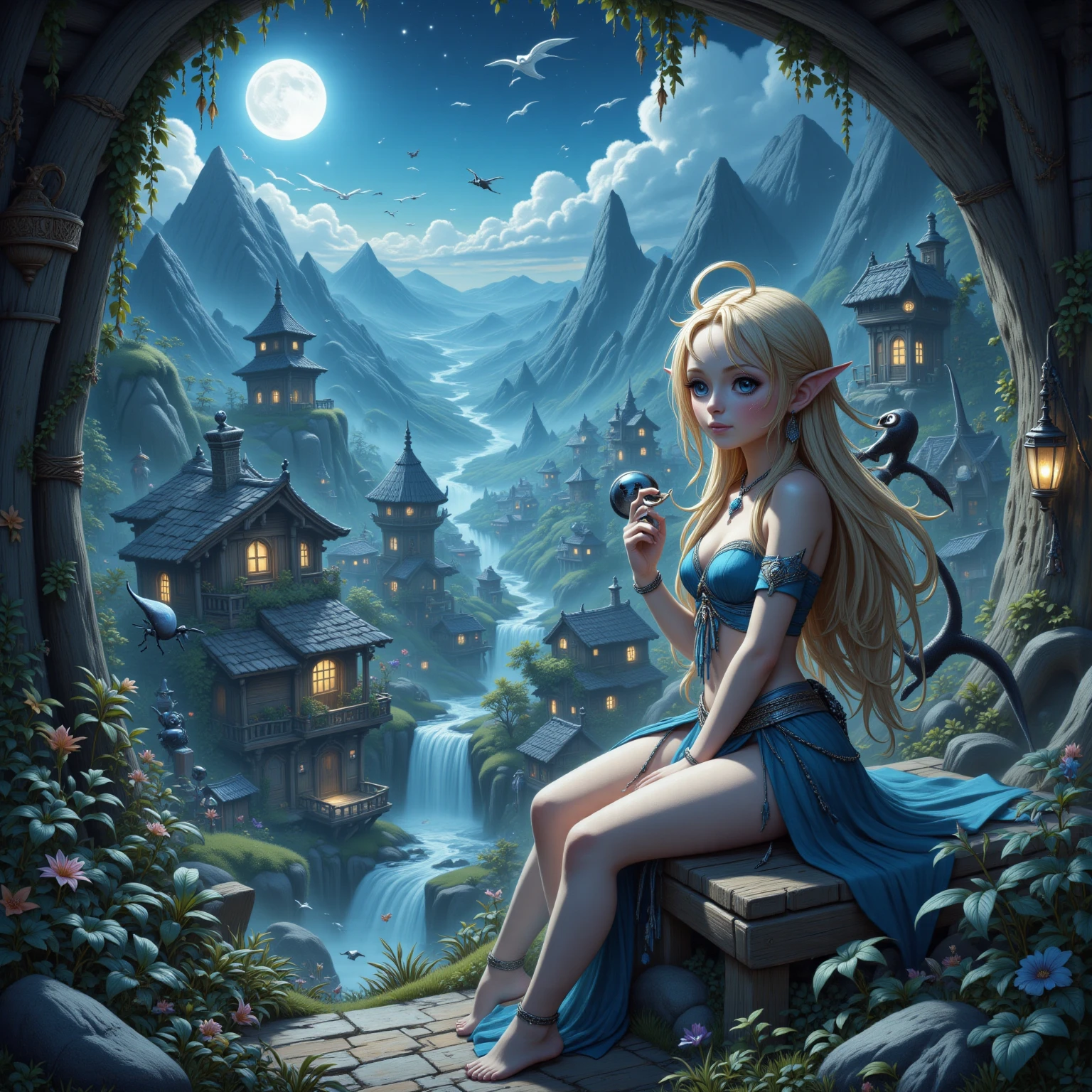 Please generate a picture for my online novel of a man sitting on a deck chair on the balcony of a castle,There is a cute little humanoid girl elf behind the ultra-clear picture,This is its introduction:Asteroid impact,Earth Destruction,Shi Yan accidentally traveled to the end of the world,You start with an island and a sexy beauty?!Summoning Arms,Development territory,Conquer the world,There are all kinds of beauties around!Let's see how the scumbags fight back,Building an Empire in the End Times,Sitting on the land and the beauty!