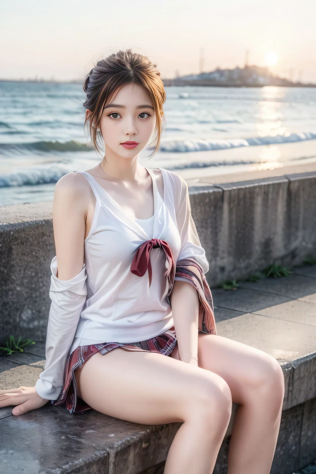 8k, RAW Photos, highest quality, masterpiece:1.2), masterpiece, highest quality, shape, Very detailed, Fine details, High resolution, 8k,wallpaper, Perfect dynamic composition,(High quality with attention to detail, Realistic depiction of eyes:1.3)、Hands tied、A woman tied up、Put your arms around my back、Squatting with legs apart on a yacht、Spread your knees、White panties are visible、The whole is facing forward、21talent、beauty、Well-formed face、Even out the eyes、Beautiful black hair、Bangedium Build、Balanced proportions、Beautiful feet、Short sleeve blouse、Long skirt、Sad face、Beautiful views、
