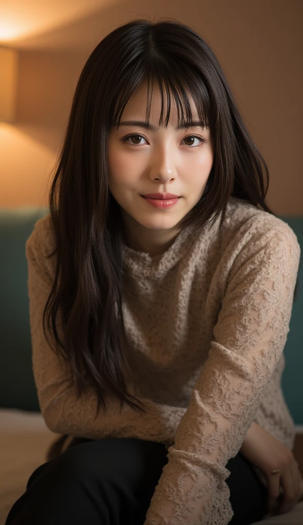 A Japanese Lady、Beautiful fece、20yr old、Glossy skin、The shining eyes are big、pink tight knit dress、Long sleeve knit、a miniskirt、eyes large、dual、Black hair、I have bangs、length hair、livingroom、Bright photo、Clear