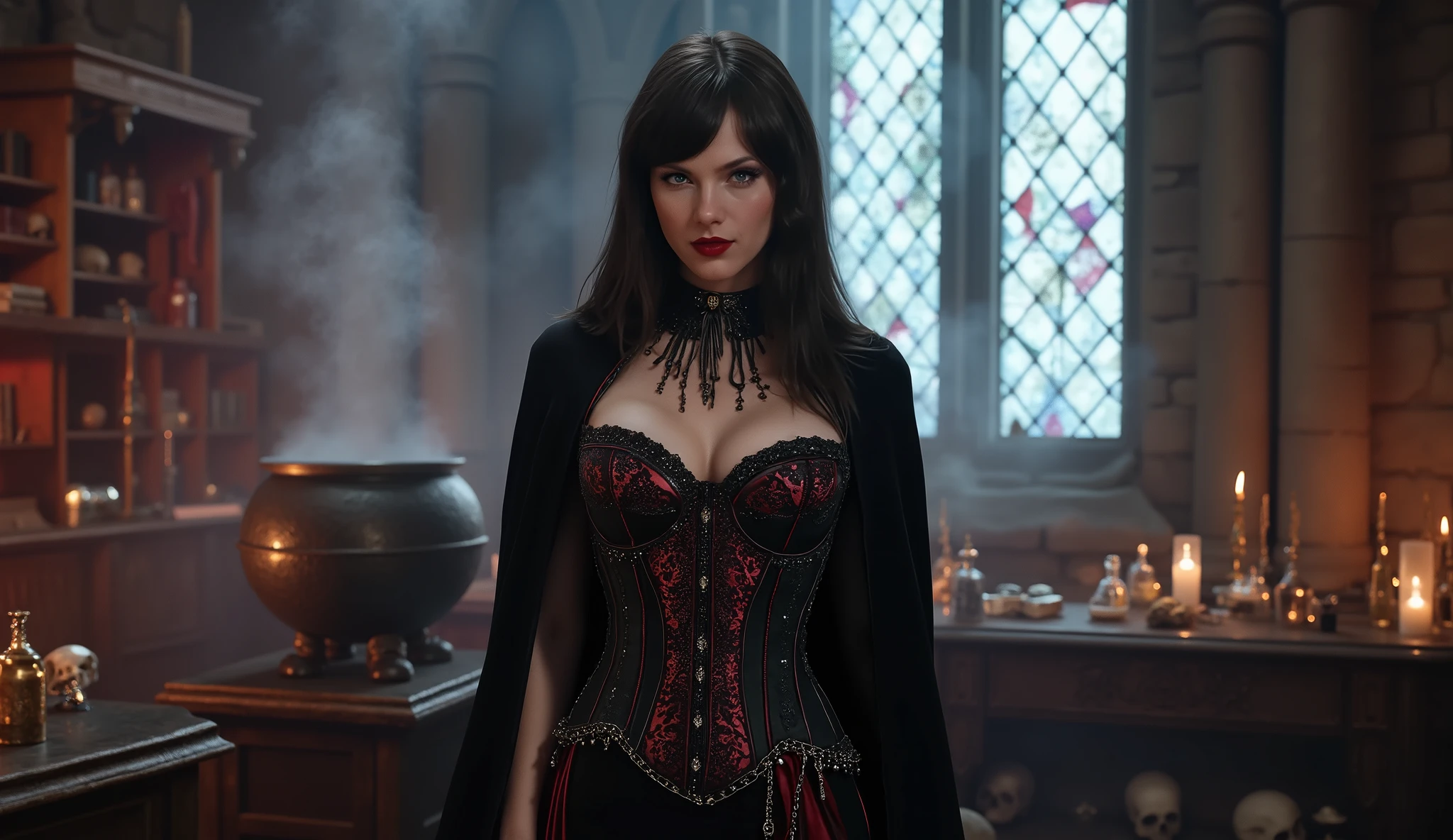 woman with curly brown hair, slightly ashy hair, pale skin color, Red eyes, fright, in a long black dress and corset and belts, with curly horns like a ram, dark fantasy character design, dark elf tiefling, , epic exquisite character art, dark fantasy art, looks like Elizabeth Olsen, Dark Sorceress Full View, Amazing character art. squats with legs wide apart