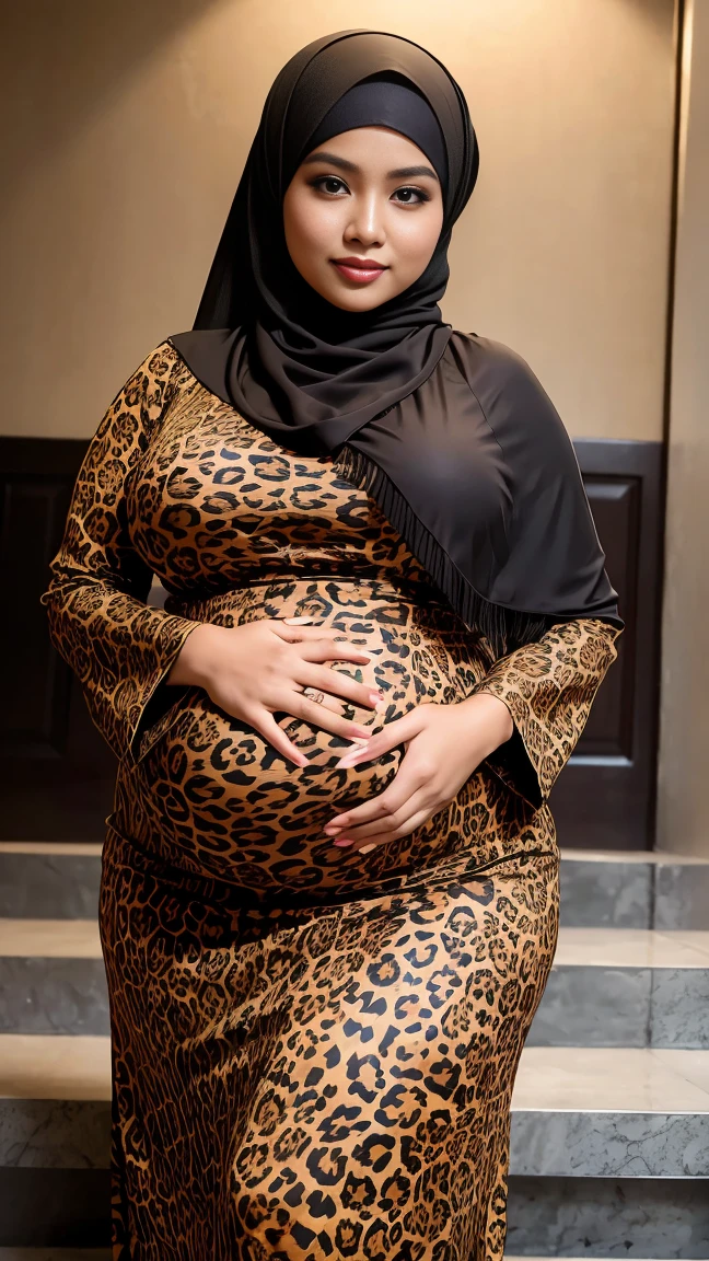 RAW, (Best quality, high resolution, work: 1.3), Beautiful Malay woman in hijab, perfect fit body, Big breast, (huge pregnant), Beautiful big eyes, Soft smile, beautiful face, slightly open mouth, thick thighs, beautiful buttocks, RAW, Best quality, high resolution, masterpiece: 1.3), beautiful Malay woman in hijab, Masterpiece, perfect fit body, big breasts, thick thighs, beautiful big eyes, Soft smile, beautifull girls, detail face, woman sitting in a leopard print dress and hijab stands on a sidewalk, long dress female, brocade dress, very beautiful enga style,batik, with fashion clothe, intricate outfit, wearing long gown, full covered dress, traditional beauty, intricate elegant, in lace brown dress, wearing an elegant tribal outfit, wearing an elegant outfit , muslim, excellent lighting.