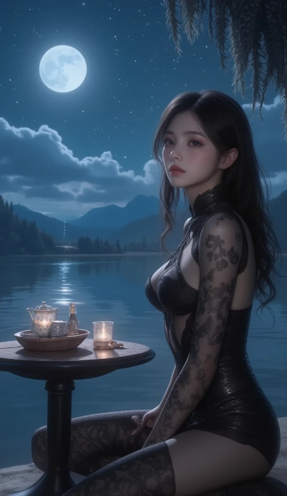 
night,The Tang Dynasty was bold and unrestrained,A Japanese ancient beauty,long thin necklace,Off-shoulder spaghetti straps sleeveless light transparent wet deep V water-soaked tulle,The eyes are hooked,Backlit effect,shy smile,Messy bun hair makeup,Shangwei is majestic and proud,Sitting sideways on the ground on the moon&#39;s surface,There is a white rabbit next to it holding a moon cake,The background is the earth and space,movie epic style

