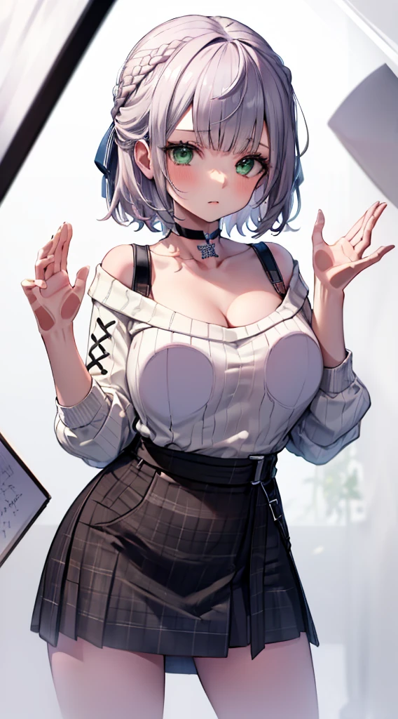 (Ultra-high resolution,masterpiece, Attention to detail, Highest quality), 8K,(ccnoel, short hair, french braid, hair ribbon, green eyes, black choker, collarbone, cleavage, off-shoulder sweater, white sweater, plaid skirt),(Blessed,Captivating body、Ultra-detailed skin、Super beautiful eyes、Detailed Background),One girl, (breasts_on_Glass,breast press, against Glass, hands on Glass),window fog, embarrassed, (white background:1.5)