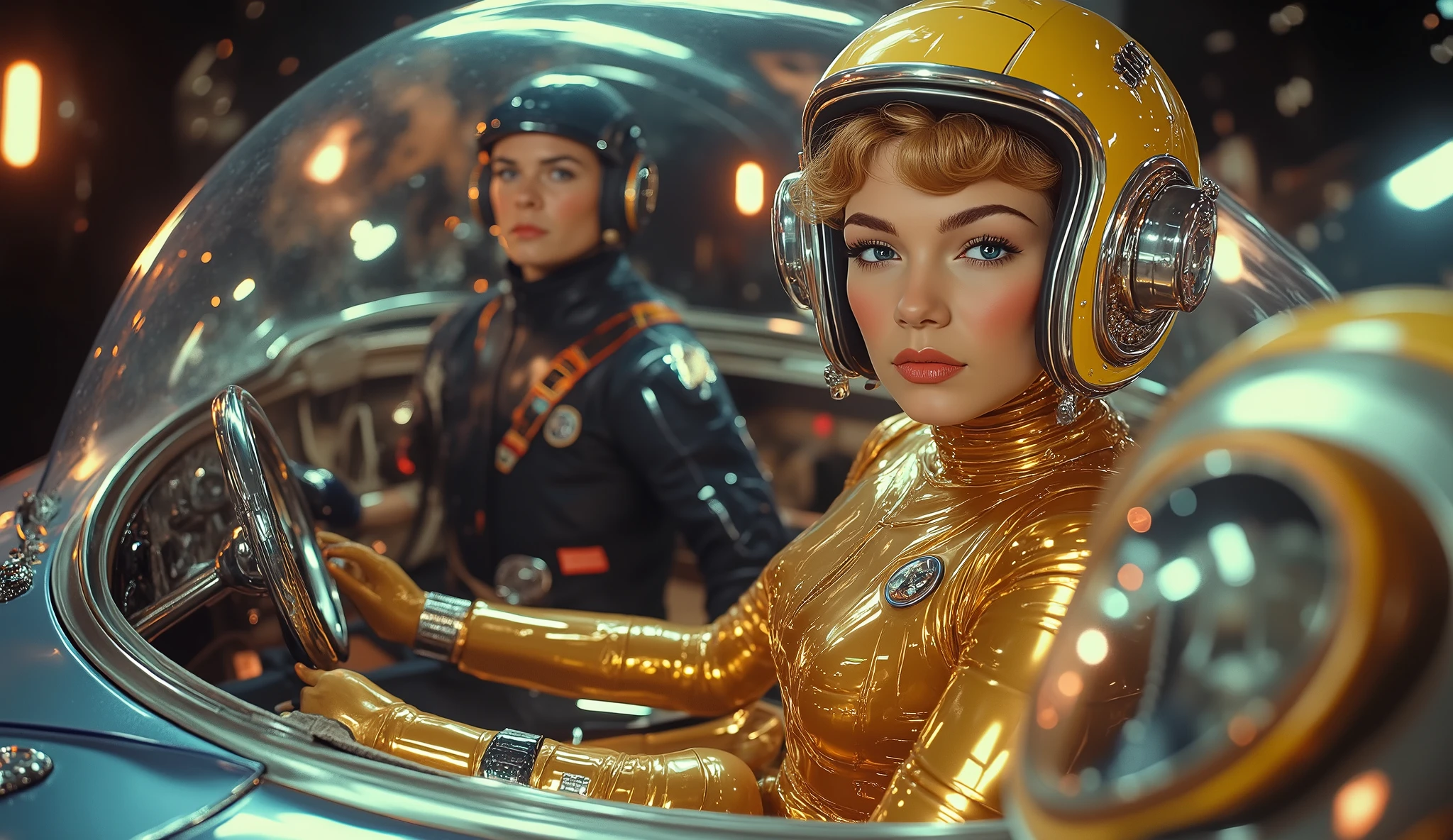  A full body cinematic retro from the 1950s  _ style A plane at a high angle of a woman stunningly beautiful , thin and slender,  with a fierce and independent spirit . A science-fiction-style cinematic photo of Natalia , a female pilot ,  photorealistic, highly detailed,  pretty girl with short blond hair ,  wearing the helmet of a space suit , o capacete tem uma viseira transparente e seu face é claramente visível,  on a golden cyborg body with blue details ,  her breasts are gigantic and smooth , no marks,  She has her back to the camera,  head-to-toe view , face,  normal eyes and neck ,  well-shaped hands with just 4 fingers and a thumb ,  she's sitting in the cockpit of a spaceship in the colored space , ao lado dela senta-se um homem que tem uma cabeça e face normais e um corpo masculino ciborgue, the man also is  wearing the helmet of a space suit , o face do homem é claramente visível através da viseira do capacete.