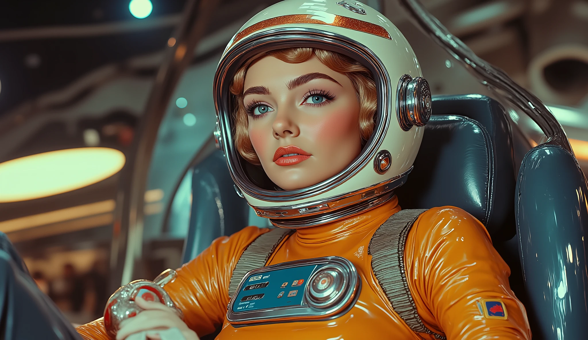 A full body cinematic retro from the 1950s _ style A plane at a high angle of a woman stunningly beautiful , thin and slender, with a fierce and independent spirit . A science-fiction-style cinematic photo of Natalia , a female pilot , photorealistic, highly detailed, pretty girl with short blond hair , wearing the helmet of a space suit , o capacete tem uma viseira transparente e seu face é claramente visível, on a golden cyborg body with blue details , her breasts are gigantic and smooth , no marks, She has her back to the camera, head-to-toe view , face, normal eyes and neck , well-shaped hands with just 4 fingers and a thumb , she's sitting in the cockpit of a spaceship in the colored space , ao lado dela senta-se um homem que tem uma cabeça e face normais e um corpo masculino ciborgue, the man also is wearing the helmet of a space suit , o face do homem é claramente visível através da viseira do capacete.