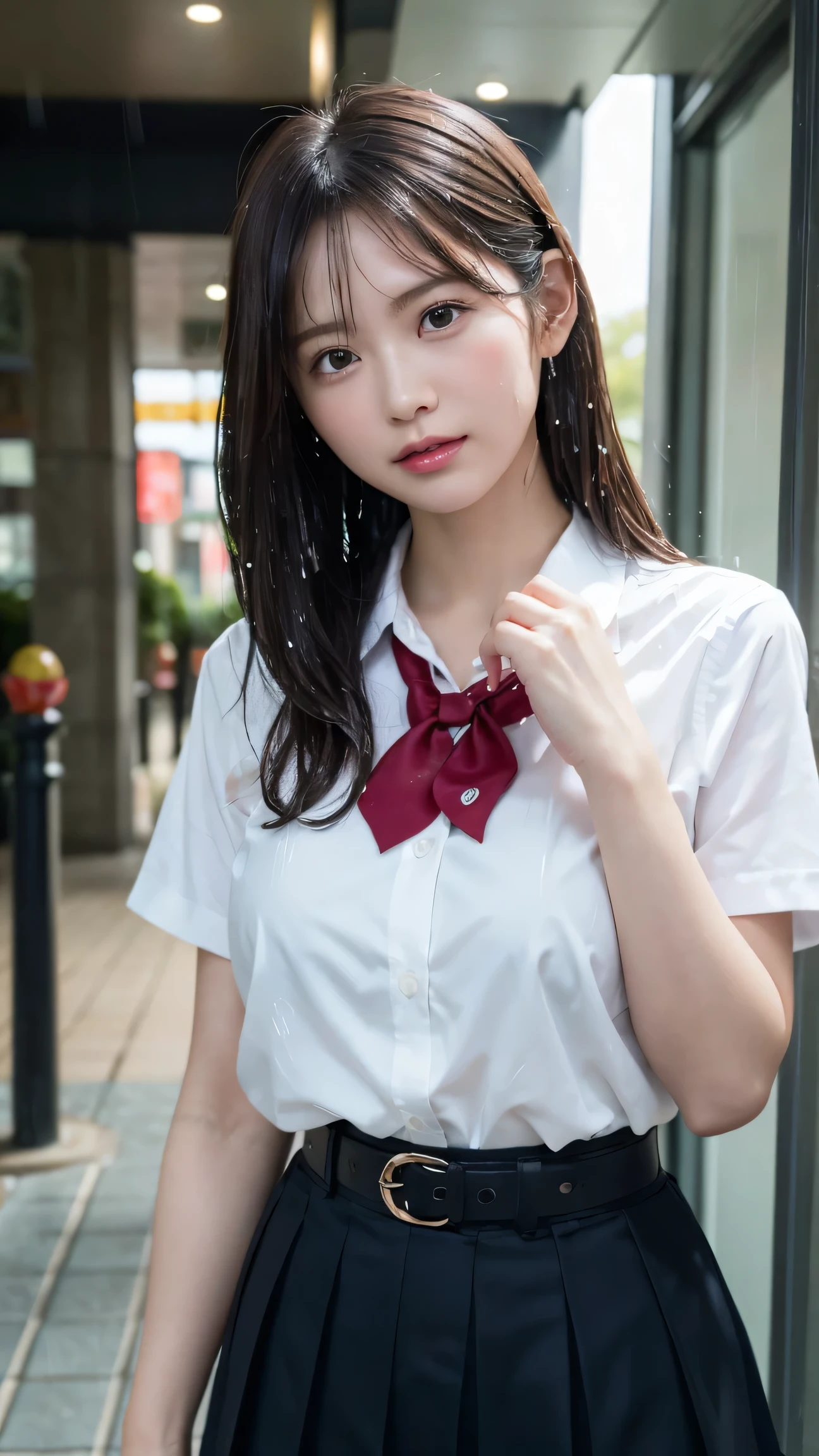 (RAW shooting,   photorealistic under white micro:1.5, 8k,   TOP QUALITY ,  Masterpiece,   ultra high resolution),   performance:1.2,  The schoolyard in the rain at night  ,  Expression of cuteness  , (((Typhoon Heavy Rain))),    high-definition skin and face texture  :1.2,    white skin:1.2,   sexy beauty :1.1,    perfect style to support my penis  :1.2,   beautiful、and aesthetic :1.1,  Very Beautiful Face , Water droplets on skin, (Rain drips all over my body:1.2,   wet body:1.2,   wet hair:1.2, Wet tight skirt:1.2, Wet High School Uniforms ), belt, (  big boobs indoors in POV, The bra is see-through, Chest Gap ), (  your expression when you feel intense caress ,  The facial expression when feeling happy ), (Overly sensual:0.9,   enchanting :0.9),、  White Y Shirt Tied Under Chest 、  her shirt is wet and shows through  、 chest、 slightly transparent nipples
