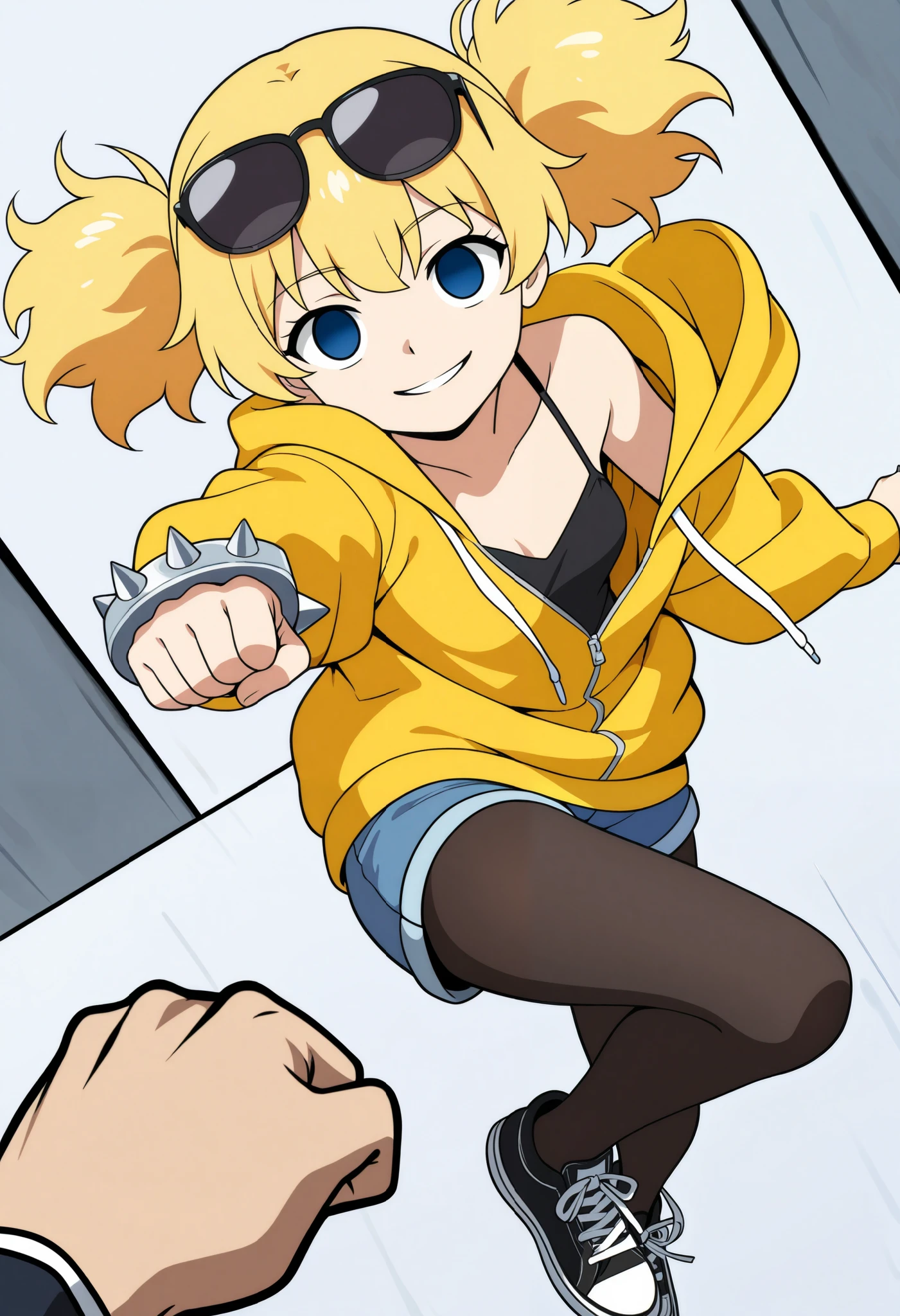 masterpiece, Highest quality, High resolution, (Artificial Human Room No. 18),(Dragon Ball),1990s \(style\),(E-cup beautiful breasts)、height: 170cm,Sweating all over the body、vapor、Muscular、((sexy))、(sex),(nsfw),(M-shaped legs),Sweaty、(Breasts spilling out of clothes),独奏,Anime-style painting style, blonde hair, Blue eyes, belt, jeans, pearl_necklace, bracelet, black gloves, white shirt, short hair, short sleeves, earrings, blue short pants, open vest, black vest,middle breasts,Composition focusing on the upper body,(Cool face)、(Pointed eyes),Crying face,Scream,Composition looking up from below