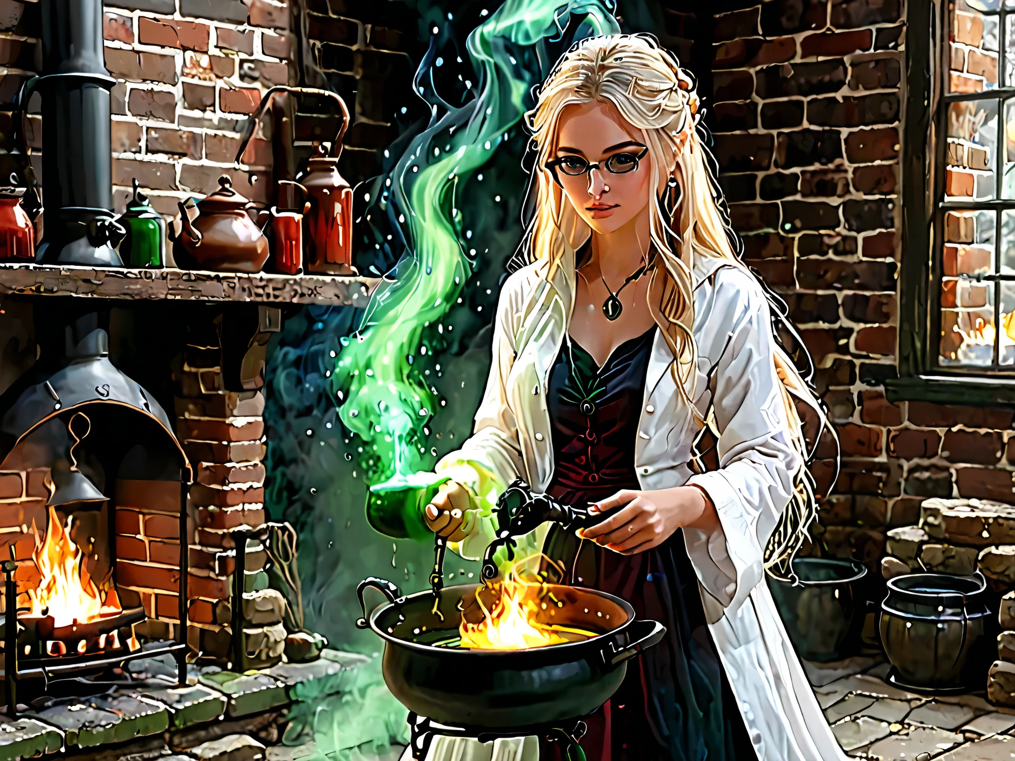 1 girl, 24 years old, Alone, blonde hair, blue eyes, long hair, Dutt, Wearing glasses, she brews a potion in a kettle over the fire in a brick fireplace in a witch's house. She is wearing black leggings , a red tank top and above it a white lab coat . She holds a wooden magic wand in her hand with which she lets ingredients float into the potion . She faces the kettle . Green steam rises from the boiler . A wheel with candles hangs from the ceiling .
from the side,