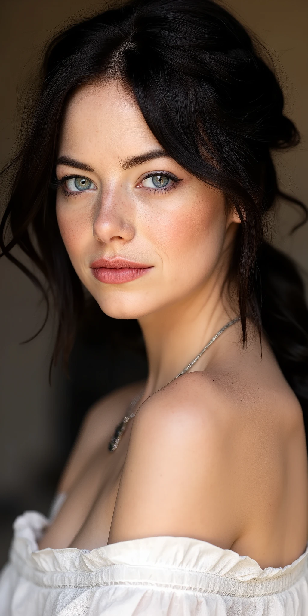 A close-up portrait of a woman with vibrant black hair, captured in ultra-realistic 8K resolution using a Canon EOS R5 with a 50mm f/1.2 lens. Her face is sharply detailed, with smooth skin textures, defined facial features, a pretty brunette caucasian woman, 1girl, 21yo, slender body, soft curves, round medium-large breasts, flawless skin, stunning, shoulder length hair styled in loose braids, double eyelids, piercing blue eyes, glossy plump lips painted in a light pink tone, makeup, sexy face, seductive eyes, gentle smile, bent over to the side, looking directly at camera, upper body photography, flowing white sleeveless linen dress, cleavage, simple necklace, viewed from below, face focus, (Best quality, 8k, 32k, Masterpiece, realistic, UHD:1.2).