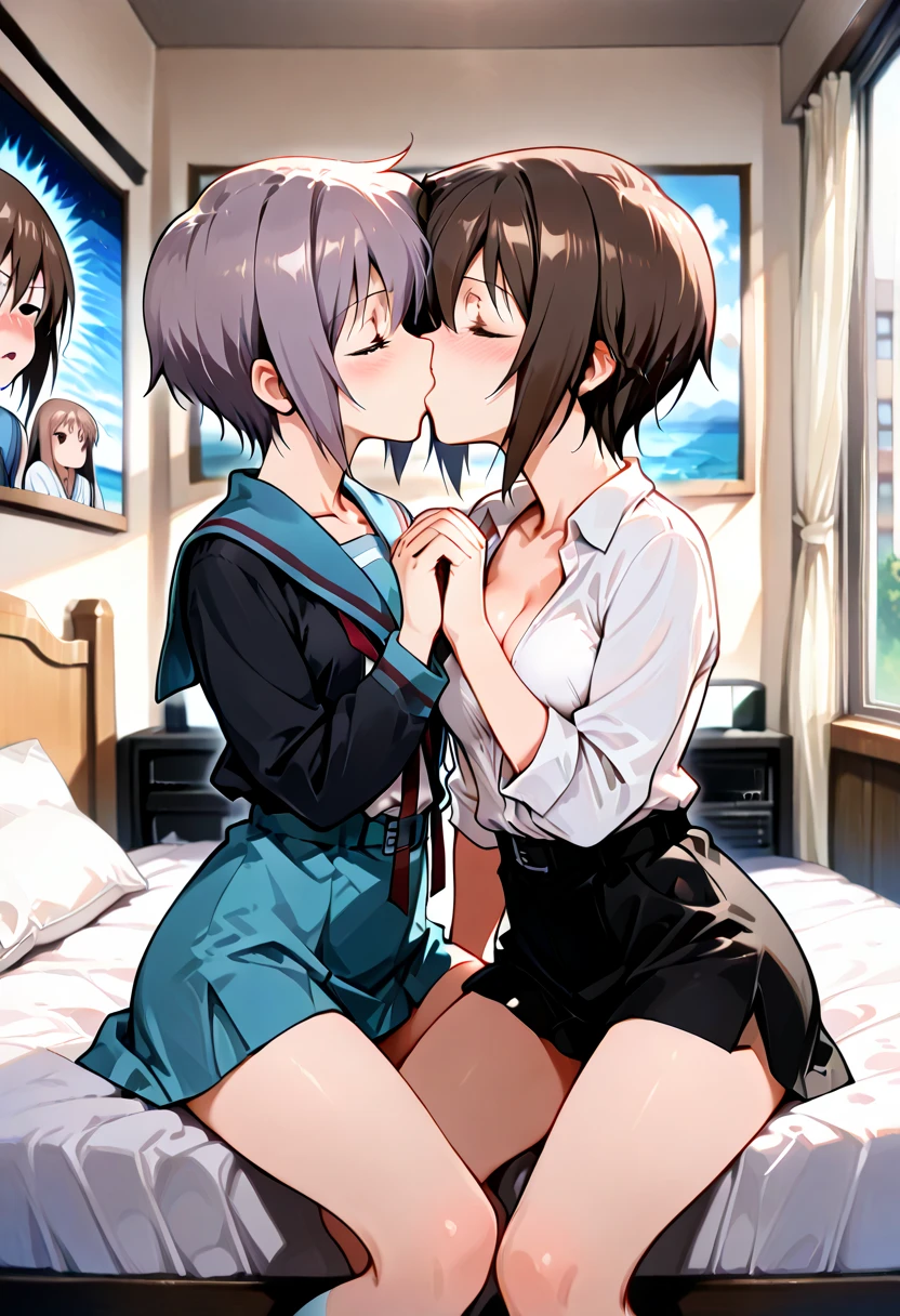 masterpiece,Ultra detail,Best quality,2 girls,against the wall, Seraphuku,dark blue skirt with slit,smile,blush,side view,girl pressed against the wall,hug,kiss, everything sparkles with rainbow sparkles, hearts 