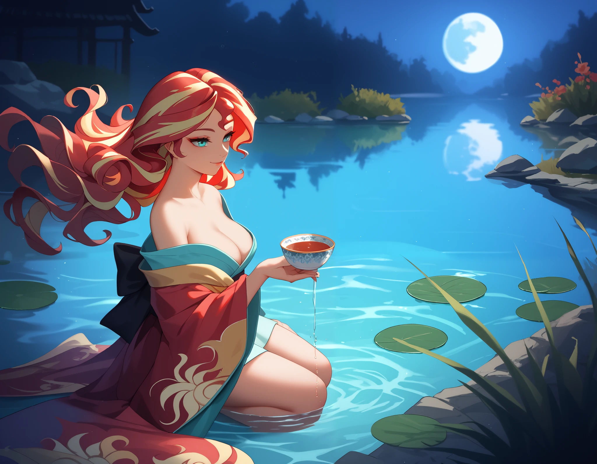 sunset shimmer, wavy hair, wearing an ornate kimono, kimono off shoulders, kneeling, pouring tea from an ornate teapot into a teacup, full moon behind her head, moonlight shining through her hair, bedroom eyes, facing viewer, outside, serene meditation pond, extremely detailed, graceful pose, serene expression, reflections in water, rippling waves, atmospheric mood