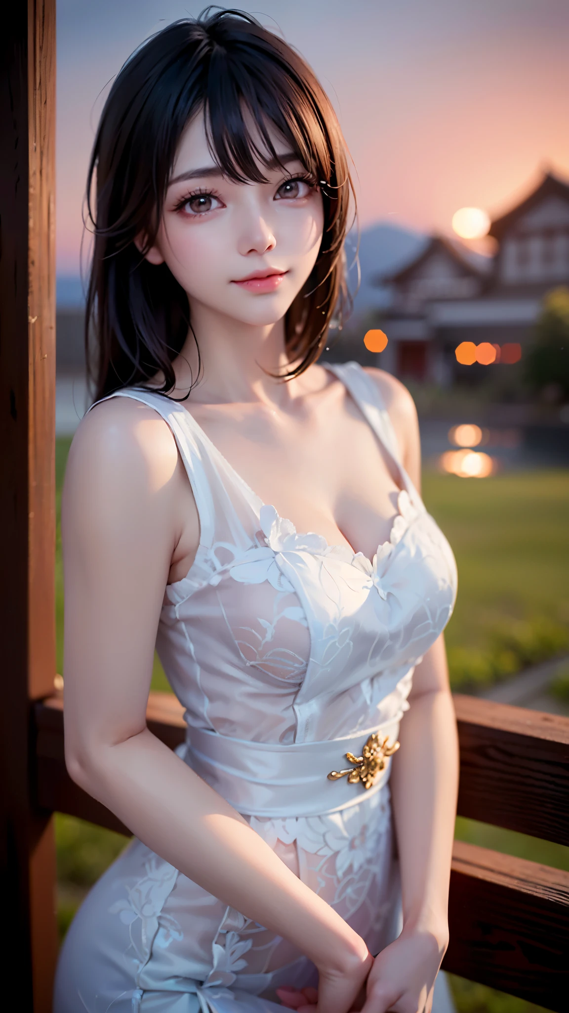 (Masterpiece:1.2), best quality, (illustration:1.2), (ultra-detailed), hyper details, (delicate detailed), (intricate details), (cinematic light, best quality Backlights), clear line, from below, soloist, soft lights, ethereal, magical looking, a candid looking girl with soft curly black hair, brown eyes, Rainforest, fairytale, full body, perfect body, big breasts, magical, light particles, fireflies, cute smile