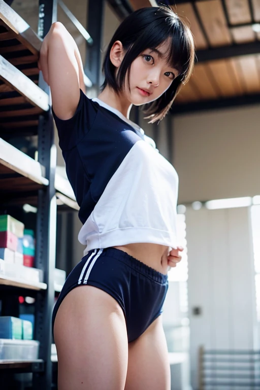 Troubled expression Raise hand Maki Horikita Beautiful girl White tank top Navel exposed Beautiful legs Track and field appearance Club activities Japanese classroom Small breasts Slender short stature Short hair Brown hair Whole body visible Sitting on desk Composition seen from below 透き通る白い肌 上から見た構図 頬が赤い