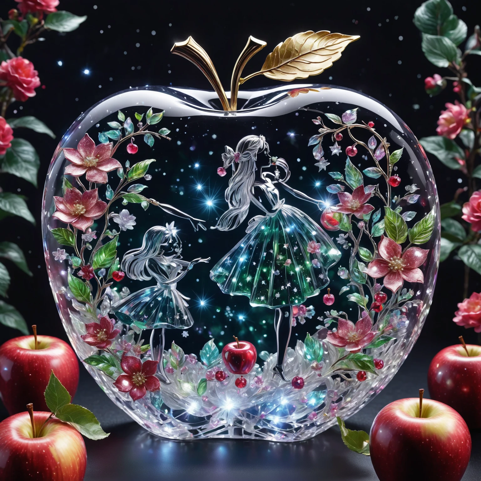 Score 9, Score 8 Up, Score 7 Up, Transparent crystal apple with girl inside, sparkling flowers and twinkling stars inside the apple, dark background highlights the crystal apple, high quality, high resolution, high contrast