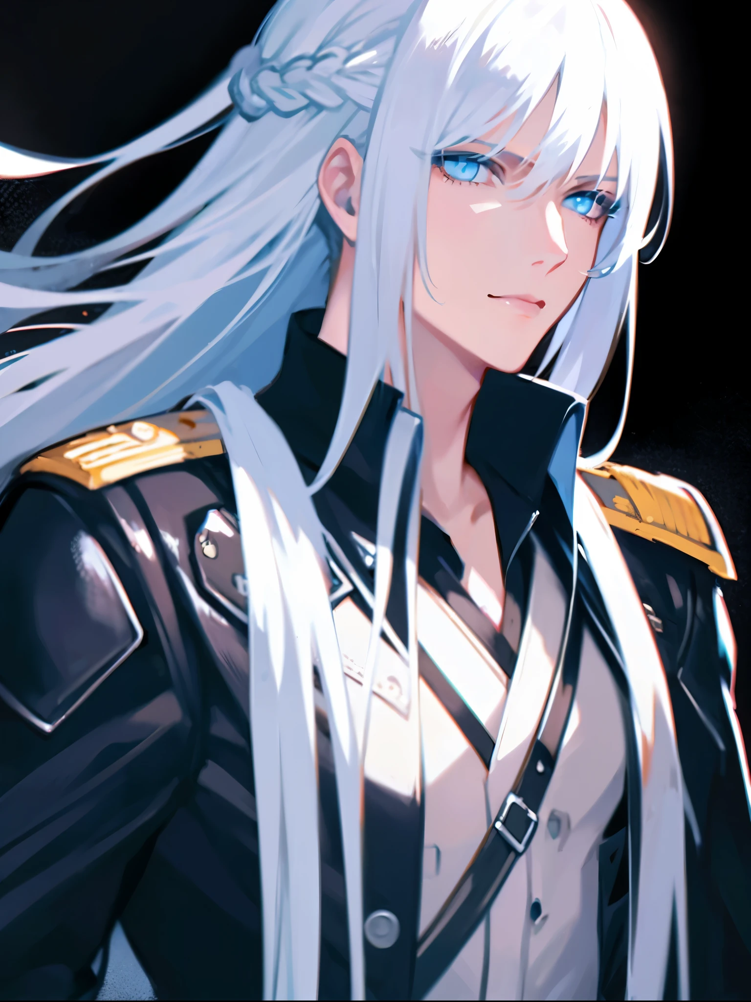 white hair, blue eyes, french braid, white military uniform, 1 man, at battleship
