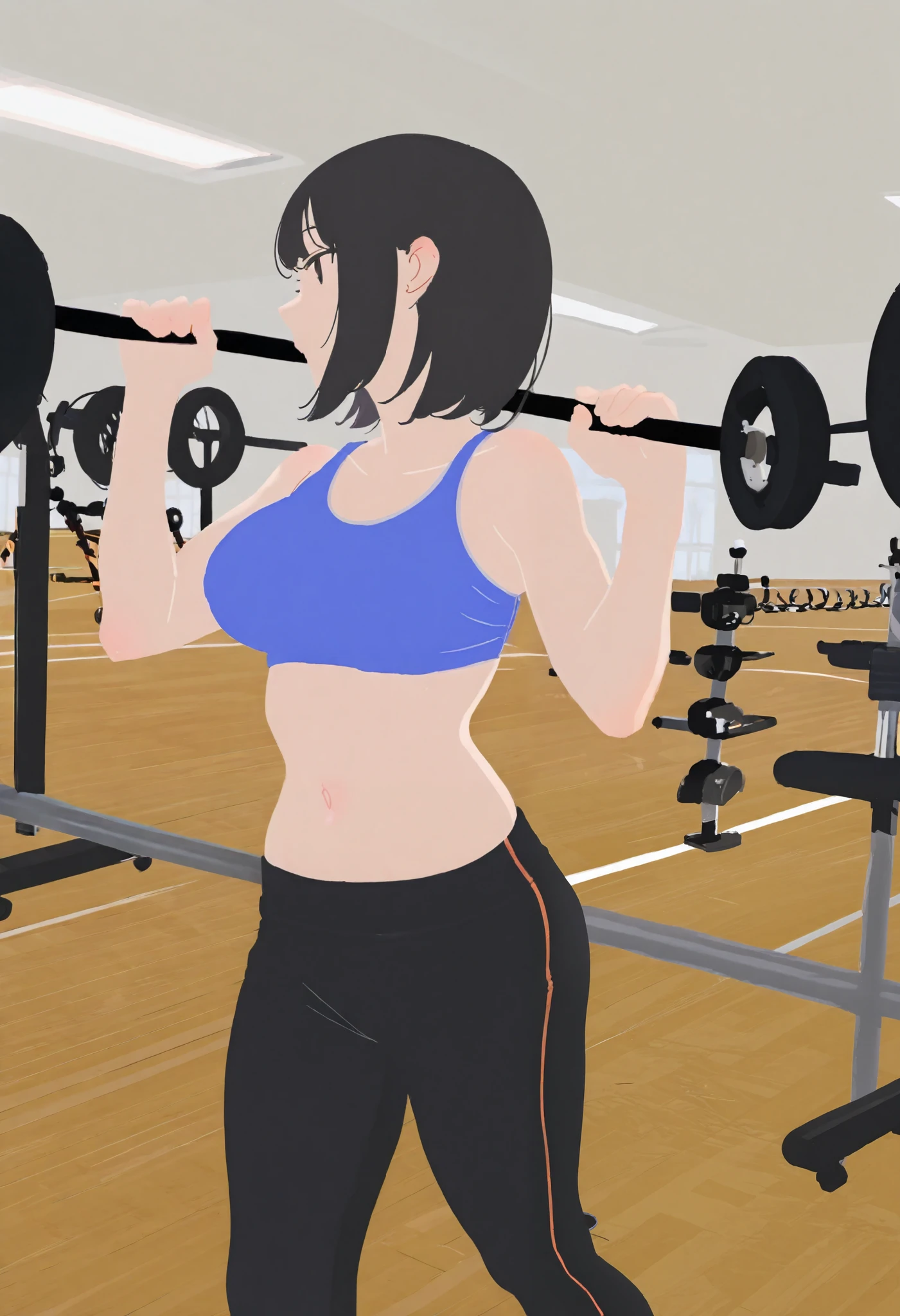 masterpiece, best quality, newest, absurdres, highres, no lineart, indoor, at the gym, candid exercise photo, 1girl, solo, wearing training pants, (thick body:0.8), medium breasts, close shot
 