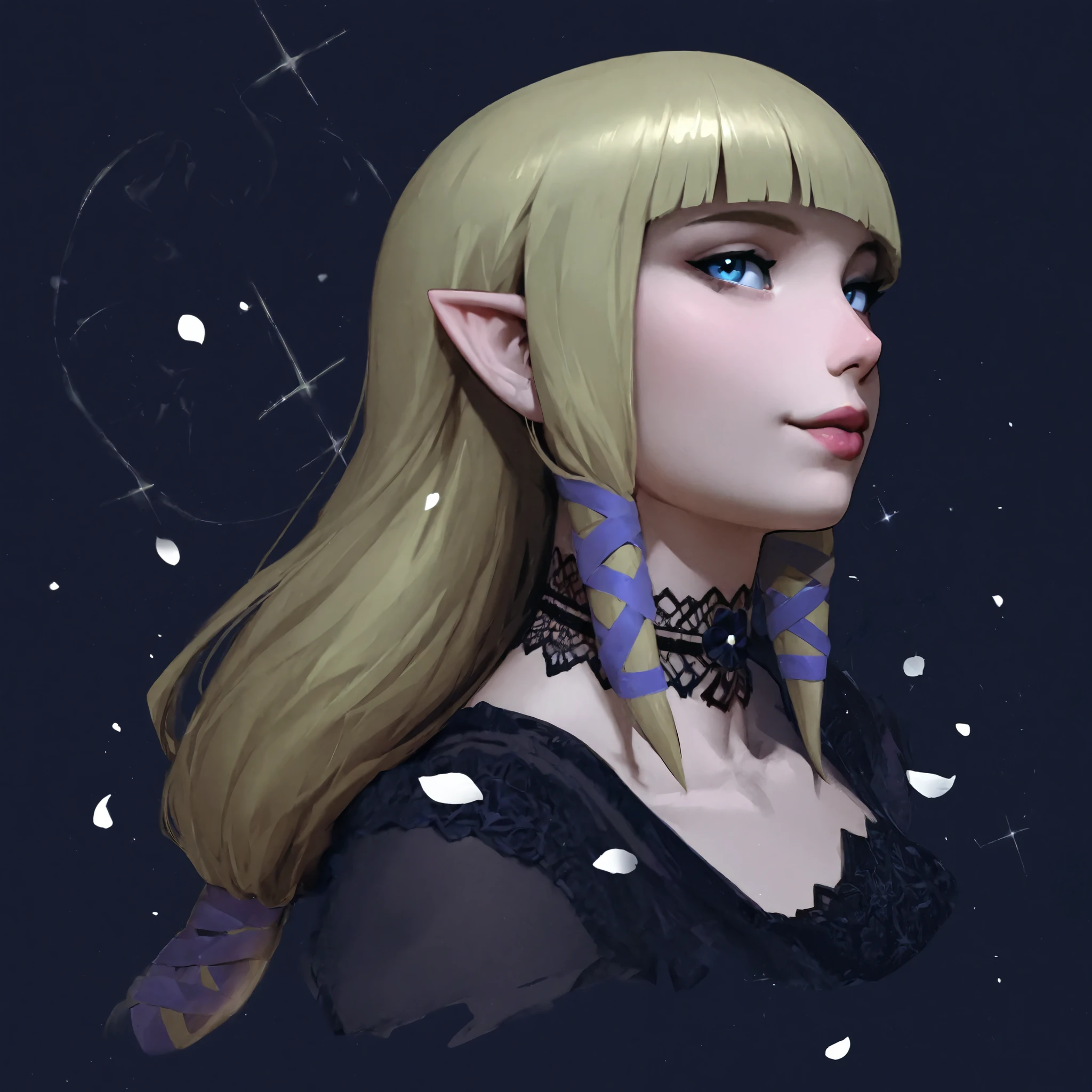 masterpiece, best quality, absurdres, edgChoker, wearing edgChoker, flower choker,lips, looking at viewer,from side,dark theme,smile,1girl,zeldssn11, blonde hair, hair tubes, hair ribbon, low-tied long hair, blunt bangs, blue eyes, pointy ears,cropped torso,pink dress,sparkle,petals 