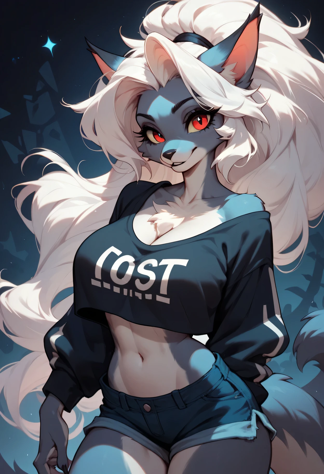 Furry lona hell boss big breasts long white hair Cute appearance, big breasts loose cropped sweatshirt(white, black stripe, slightly covers the chest), short shorts, background: night city. sexy pose
