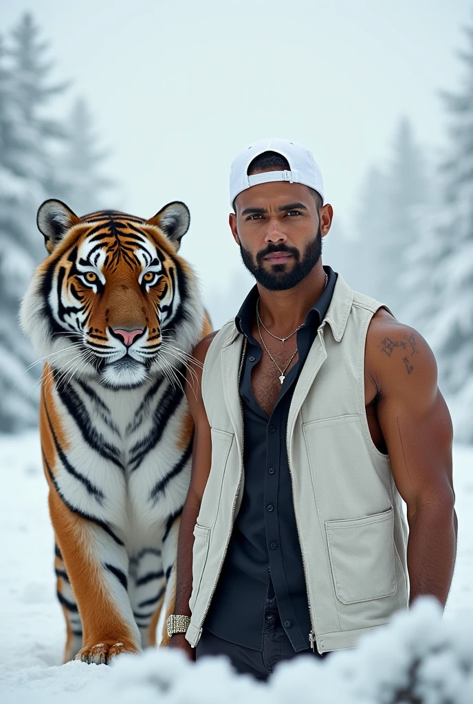 A handsome slim white skinned man in the desert shirtless with two leopards beside him