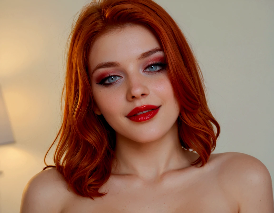 (masterpiece, high quality, fisheye:1.2), (close-up portrait:1.1), solo, model photoshoot, (red theme:1.1), a stylish girl, red hair, silver eyes, red lipstick, red eye shadow, blush, (freckles:0.7), (european, 21 years old:1.3), sexy, pure innocence, (light smile:0.8), whore vibe, in love, simple red dress, cleavage, detailed natural skin texture, seductive gaze, detailed lighting, (red:1.1) gym background, shallow depth of field, romantic setting, dreamy pastel palette, whimsical details, captured on film, nsfw, (intricate details:0.5)