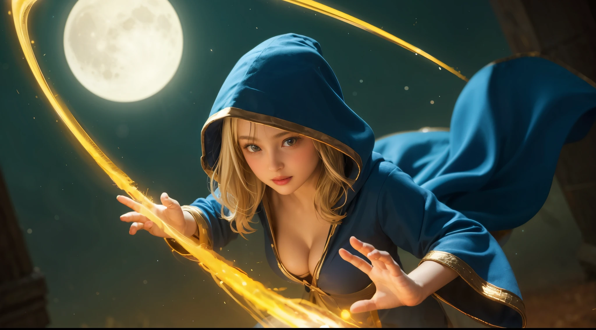 girl, (cute:1.4), casting spell, glowing spherical magic, moon, glowing, blue hooded robe, golden accent details, cleavage, (large breasts), looking at viewer, blonde hair, magician, full moon, ethereal light, dingdall effect, overexposed edges,