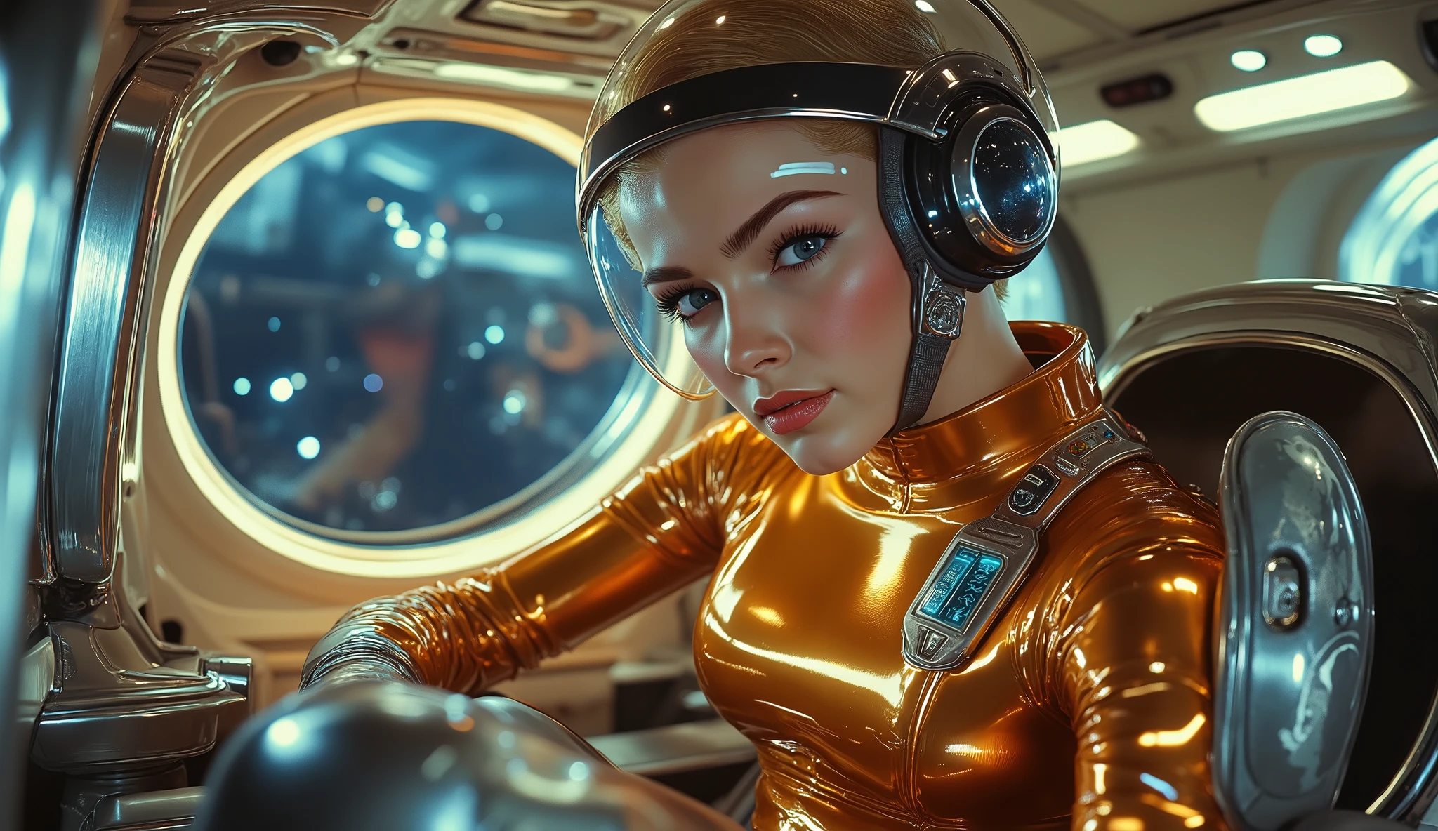 A full body cinematic retro from the 1950s _ style A plane at a high angle of a woman stunningly beautiful , thin and slender, with a fierce and independent spirit . A science-fiction-style cinematic photo of Natalia , a female pilot , photorealistic, highly detailed, pretty girl with short blond hair , wearing the helmet of a space suit , o capacete tem uma viseira transparente e seu face é claramente visível, on a golden cyborg body with blue details , her breasts are gigantic and smooth , no marks, She has her back to the camera, head-to-toe view , face, normal eyes and neck , well-shaped hands with just 4 fingers and a thumb , she's sitting in the cockpit of a spaceship in the colored space , ao lado dela senta-se um homem que tem uma cabeça e face normais e um corpo masculino ciborgue, the man also is wearing the helmet of a space suit , o face do homem é claramente visível através da viseira do capacete.