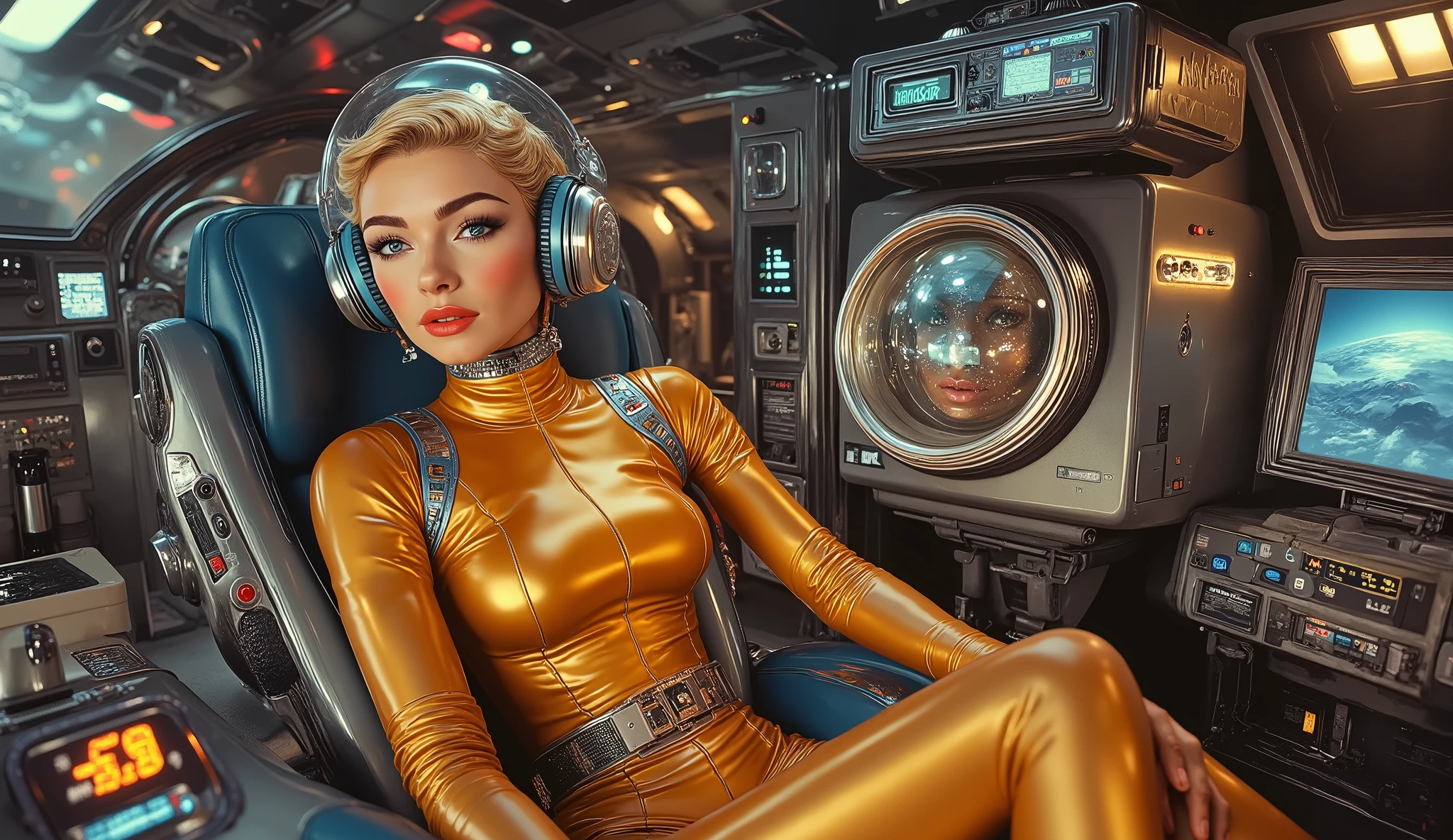 A full body cinematic retro from the 1950s _ style A plane at a high angle of a woman stunningly beautiful , thin and slender, with a fierce and independent spirit . A science-fiction-style cinematic photo of Natalia , a female pilot , photorealistic, highly detailed, pretty girl with short blond hair , wearing the helmet of a space suit , o capacete tem uma viseira transparente e seu face é claramente visível, on a golden cyborg body with blue details , her breasts are gigantic and smooth , no marks, She has her back to the camera, head-to-toe view , face, normal eyes and neck , well-shaped hands with just 4 fingers and a thumb , she's sitting in the cockpit of a spaceship in the colored space , ao lado dela senta-se um homem que tem uma cabeça e face normais e um corpo masculino ciborgue, the man also is wearing the helmet of a space suit , o face do homem é claramente visível através da viseira do capacete.