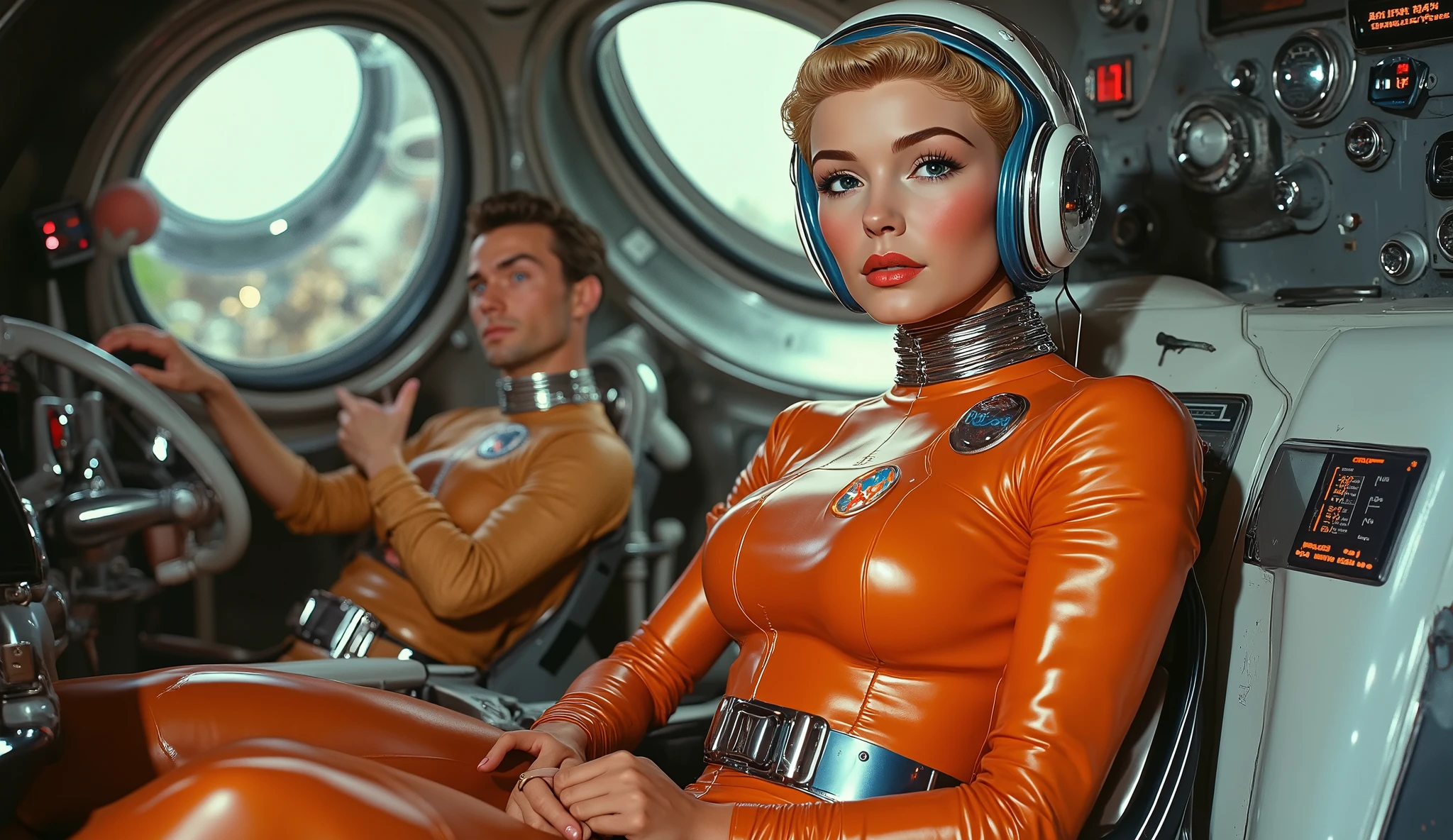A full body cinematic retro from the 1950s _ style A plane at a high angle of a woman stunningly beautiful , thin and slender, with a fierce and independent spirit . A science-fiction-style cinematic photo of Natalia , a female pilot , photorealistic, highly detailed, pretty girl with short blond hair , wearing the helmet of a space suit , o capacete tem uma viseira transparente e seu face é claramente visível, on a golden cyborg body with blue details , her breasts are gigantic and smooth , no marks, She has her back to the camera, head-to-toe view , face, normal eyes and neck , well-shaped hands with just 4 fingers and a thumb , she's sitting in the cockpit of a spaceship in the colored space , ao lado dela senta-se um homem que tem uma cabeça e face normais e um corpo masculino ciborgue, the man also is wearing the helmet of a space suit , o face do homem é claramente visível através da viseira do capacete.