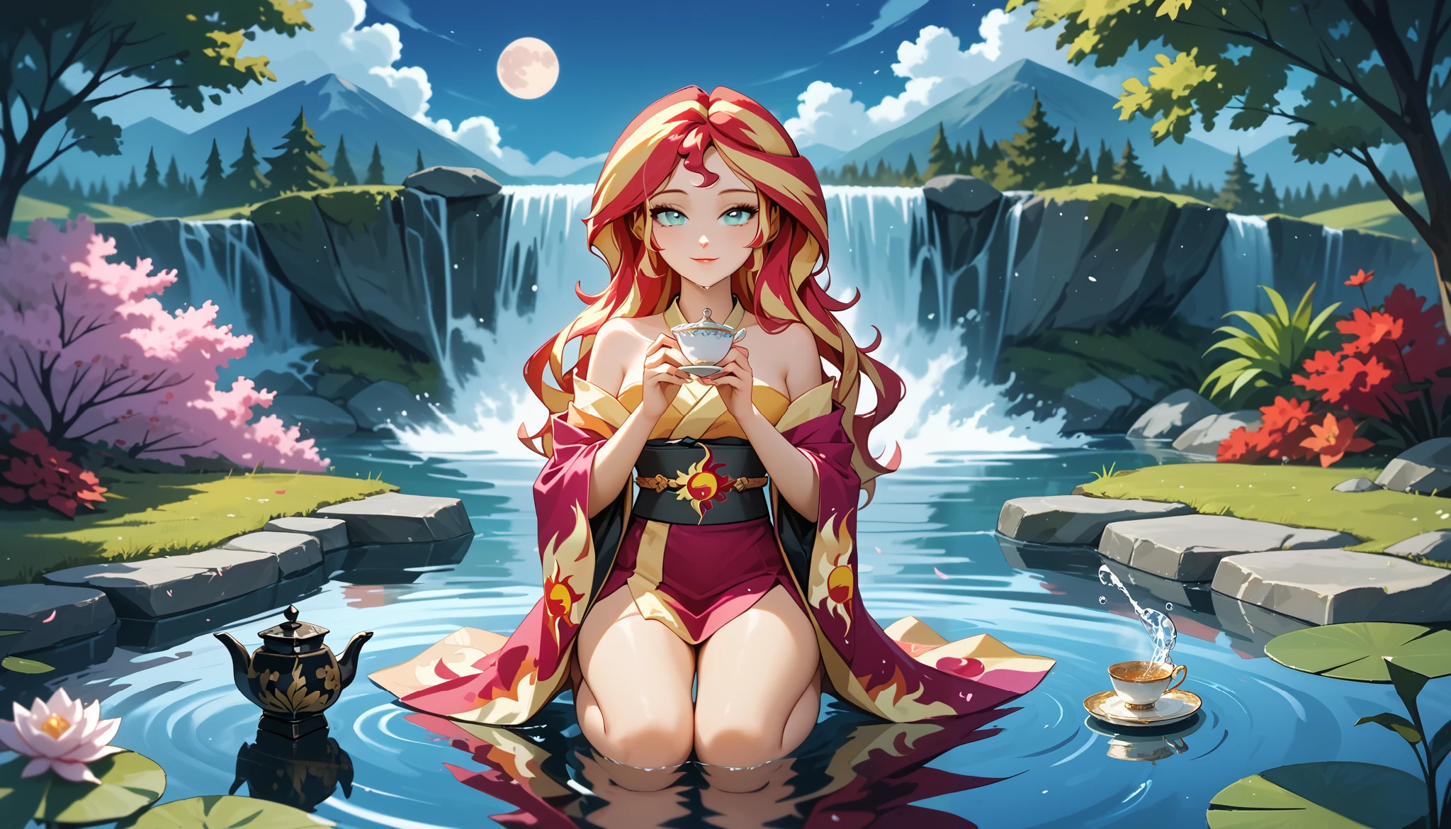 sunset shimmer, wavy hair, wearing an ornate kimono, kimono off shoulders, kneeling, legs together, tea ceremony, holding teapot in right hand, holding teacup on a saucer in her left hand, pouring tea from an ornate teapot into a teacup, full moon behind her head, moonlight shining through her hair, bedroom eyes, front view, looking at tea pouring into cup, outside, serene meditation pond, extremely detailed, graceful pose, serene expression, reflections in water, rippling waves, atmospheric mood