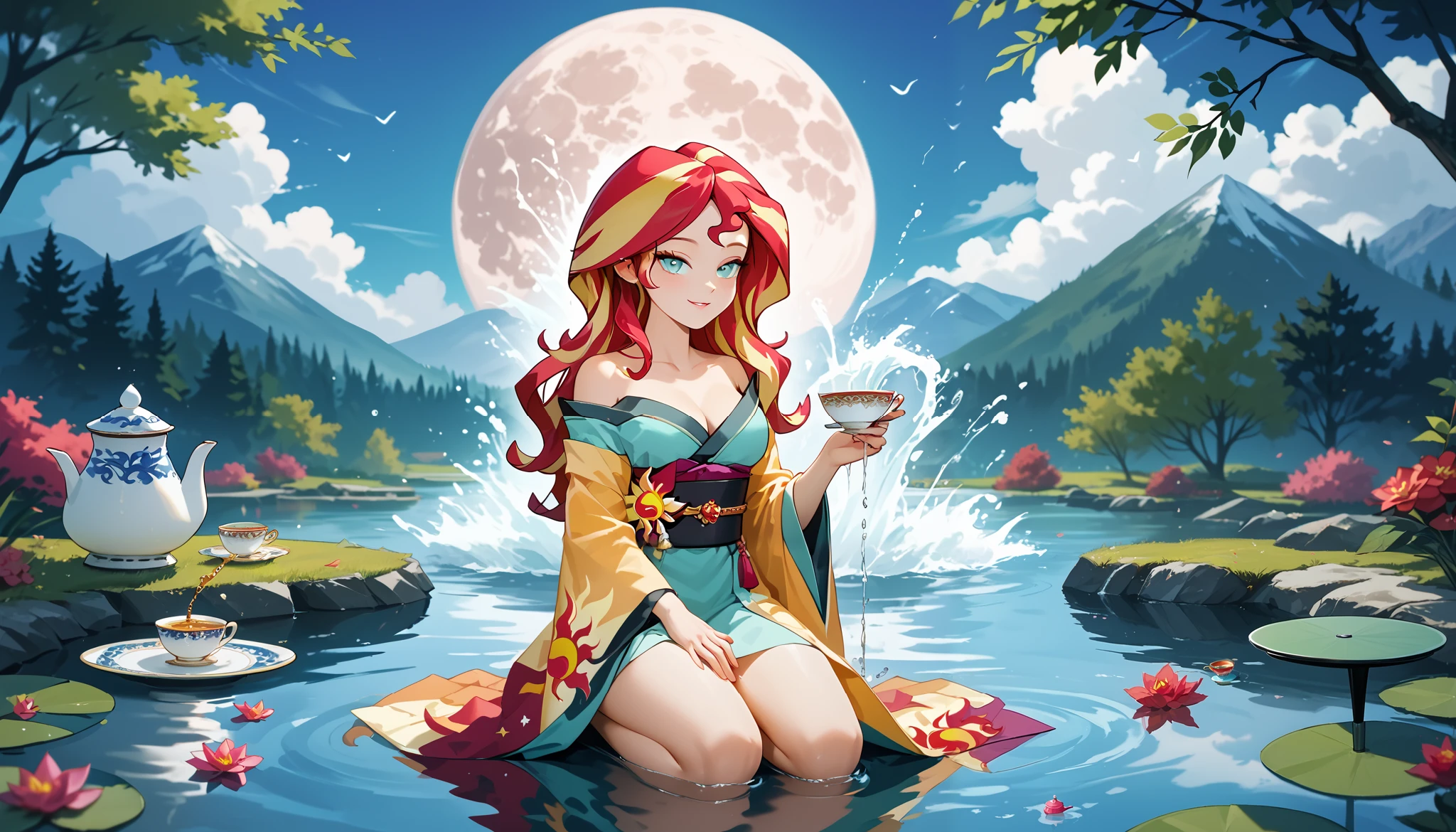sunset shimmer, wavy hair, wearing an ornate kimono, kimono off shoulders, kneeling, legs together, tea ceremony, holding teapot in right hand, holding teacup on a saucer in her left hand, pouring tea from an ornate teapot into a teacup, full moon behind her head, moonlight shining through her hair, bedroom eyes, front view, looking at tea pouring into cup, outside, serene meditation pond, extremely detailed, graceful pose, serene expression, reflections in water, rippling waves, atmospheric mood