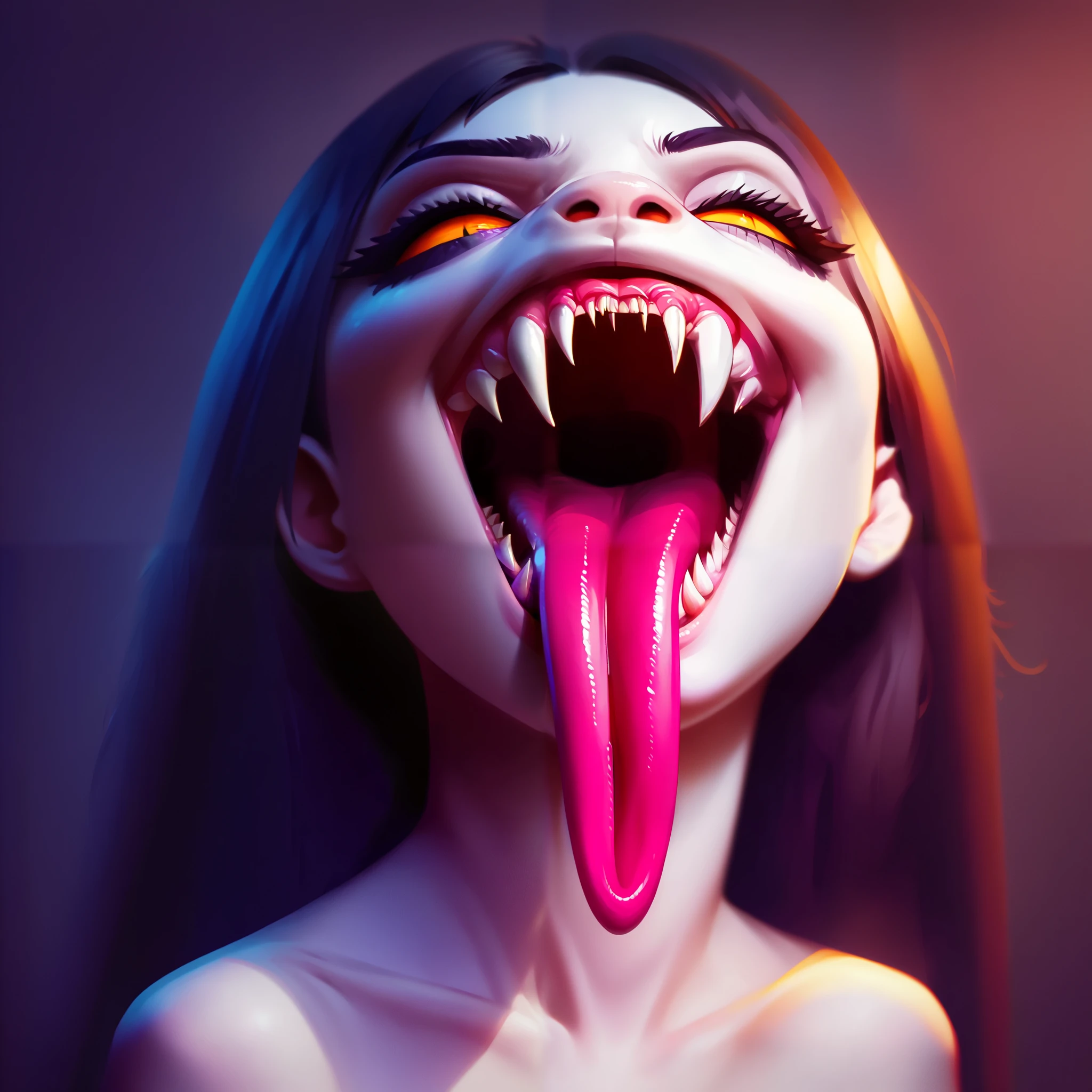 Score _9, Score _8_climb, Score _7_climb, Score _6_climb, Score _5_climb, , perfect fangs, sharp teeth, 1 girl, smileLong tongue , tongue split ,