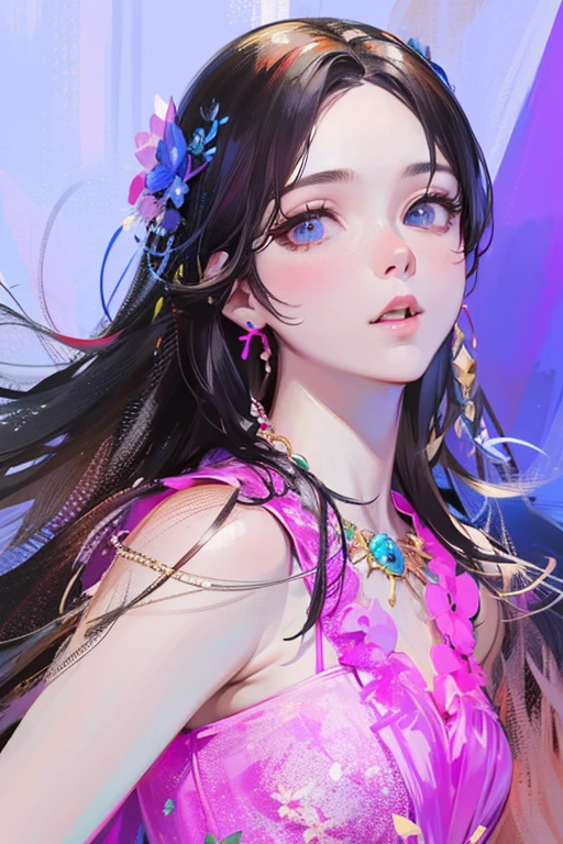 ((fractal art)),((masterpiece,best quality,extremely detailed,ultra high res,detailed background)),(((abstract background))),(1girl),((colorful)),flowers,(shiny skin),((many colors)),(earrings),feathers