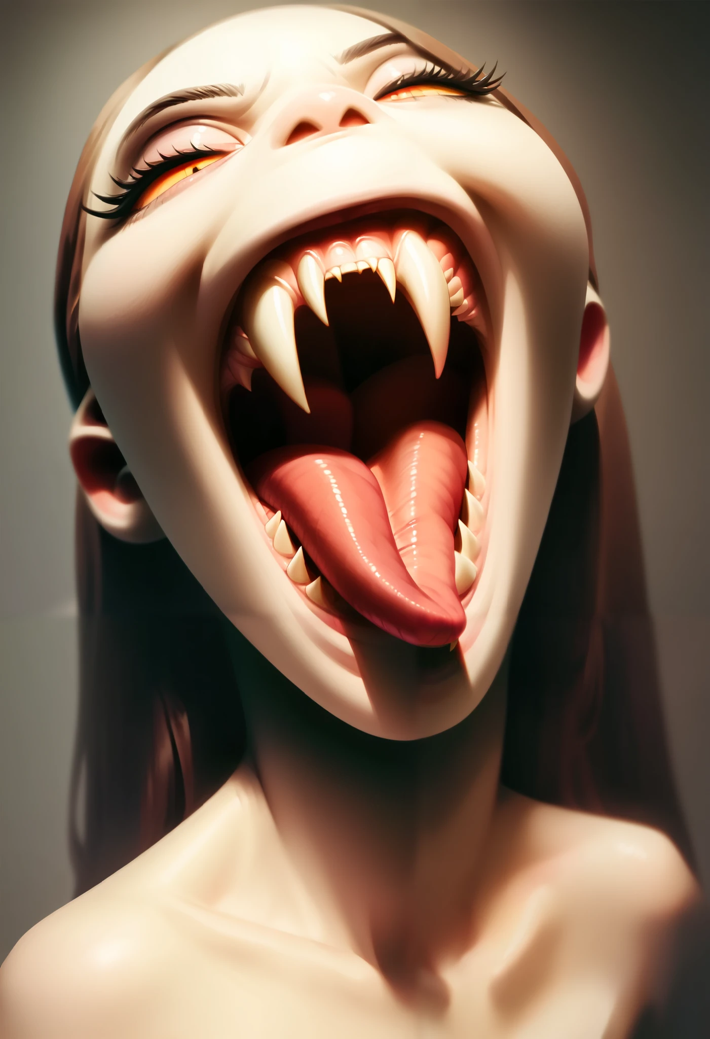 Score _9, Score _8_climb, Score _7_climb, Score _6_climb, Score _5_climb, , perfect fangs, sharp teeth, 1 girl, smileLong tongue , tongue split ,