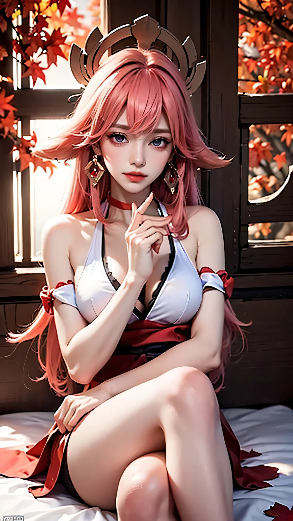officlal art，Unity 8k wallpaper，Ultra Verbose，aesthetically pleasing，beautiful，The Masterpiece，best qulity，
Yae Miko in Genshin，1 girl close-up，（Long pink hair，gold hair ornament），off shoulders，leggy，white stocking，White robe，