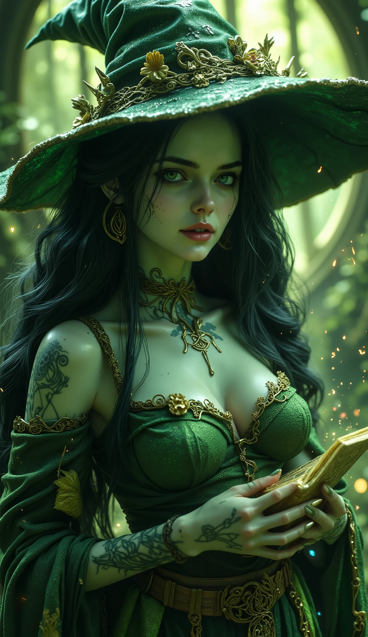 middle body, (((photorealistic:1.4))), ultra realistic, pores, (((masterpiece))), high quality, ultra details, realistic white skin, beautiful evil smiling, face pretty green witch girl with sharp golden shiny fingernails, white eyes, large breasts 1.2, plants and flowers on her outfit, long black hair, neckline, witch old hat, elf ears, enchanted forest, high angle, Magic and particles, bright, neutral light, ancestral forest portal, beautiful view, magical night, 3/4 Profile Pose, middle body