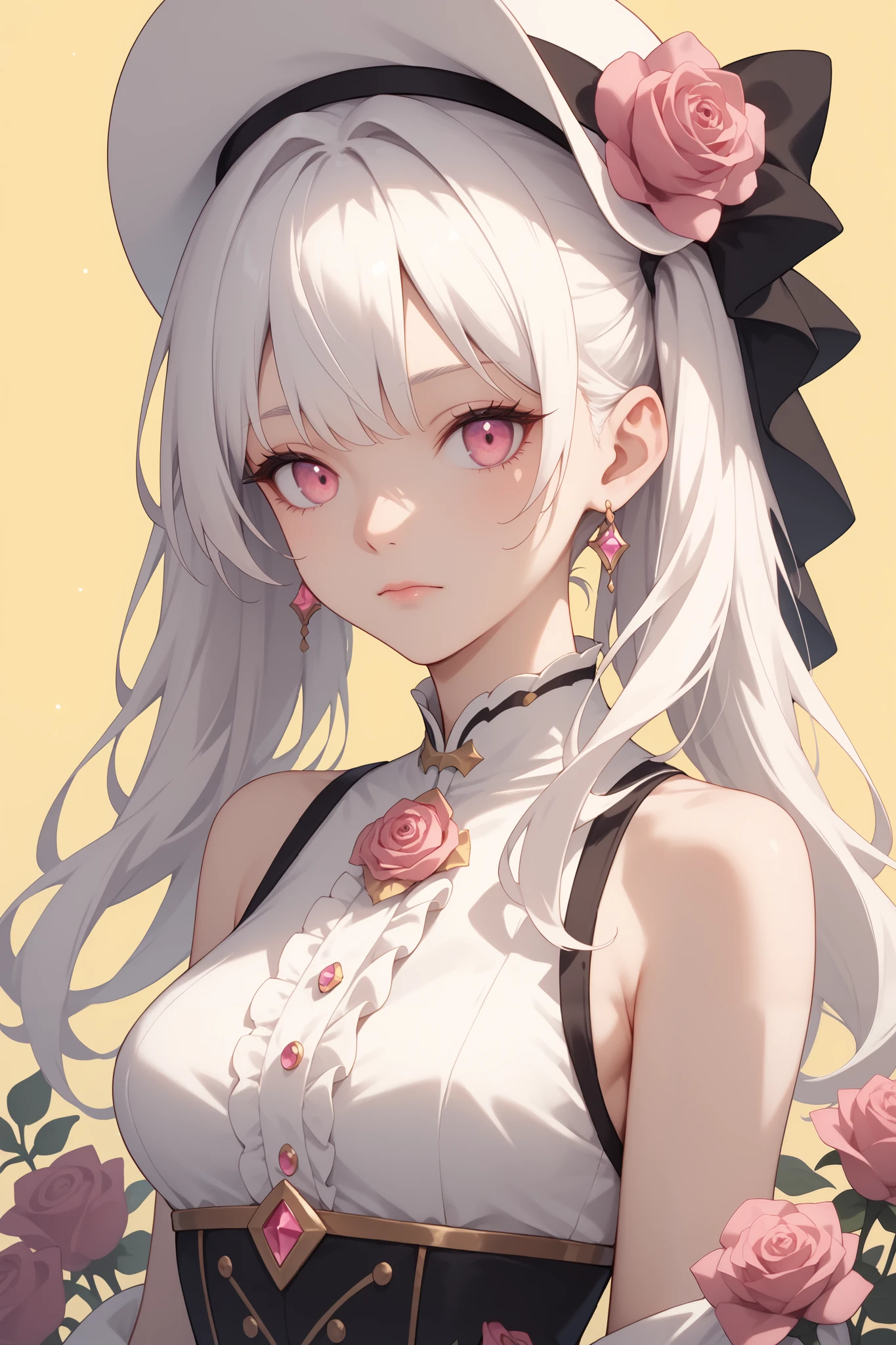 1girl, solo, long hair, bangs, pink eyes, white ruffled dress, bow,  shoulders, gold jewelry, , closed mouth, white hair twin-tails, upper body, rose, sidelocks, sleeveless,  yellow background, pink flower on hat,stunning visuals, Best quality, masterpiece, ultra high res 