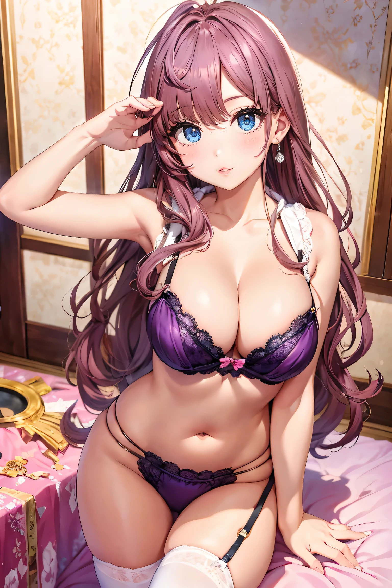 ((Highest quality、High resolution、Highly detailed CG Unity 8K wallpapers))、One Woman, A beautiful woman,Accurate body, Long dark blonde wavy hair、((embellished sexy dress:1.3)), Medium Milk, blush, Embarrassed laugh, Exposing shoulders、(Pose to lean forward and emphasize the chest)、((Sexy purple and red bra))、((Purple and red see-through panties))、Gorgeous magic wand and book、Hotel swimming pool、night、Sexy pose、Accentuate your butt、((Embarrassed expression))、On all fours