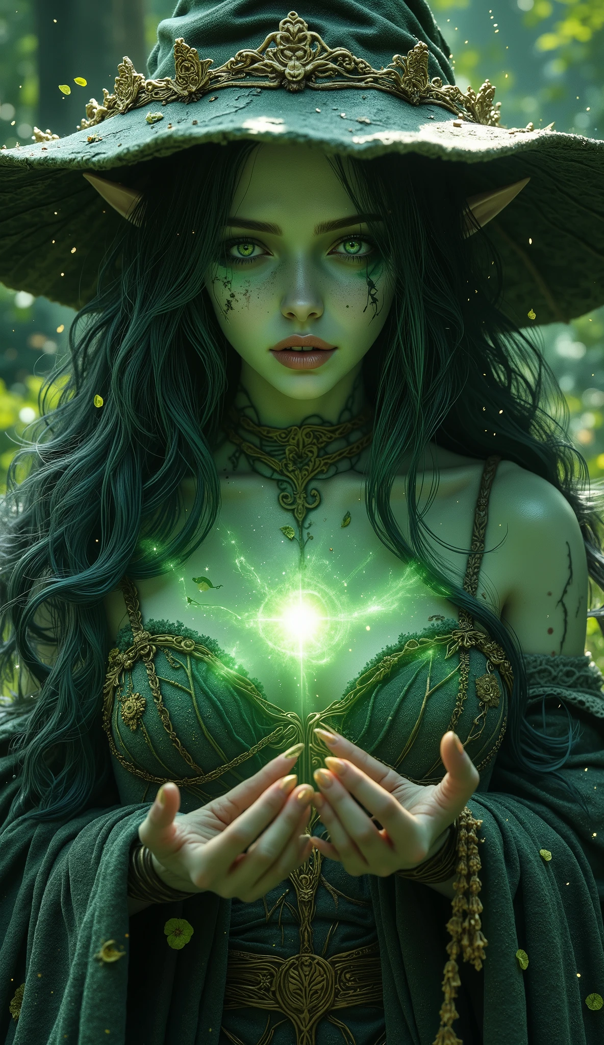 (((photorealistic:1.4))), ultra realistic, pores, (((masterpiece))),high quality, ultra details, realistic white skin, beautiful evil smiling, face pretty green witch girl with sharp golden shiny fingernails, white eyes, plants and flowers on her outfit, long black hair, nude, witch old hat, elf ears, enchanted forest, high angle, Magic and particles, bright, neutral light, ancestral forest portal, beautiful view, magical night,..